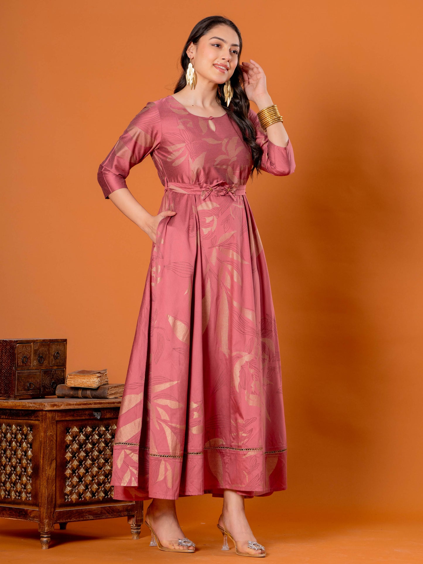 Chanderi Floral Anarkali Old Rose Dress (With Belt)