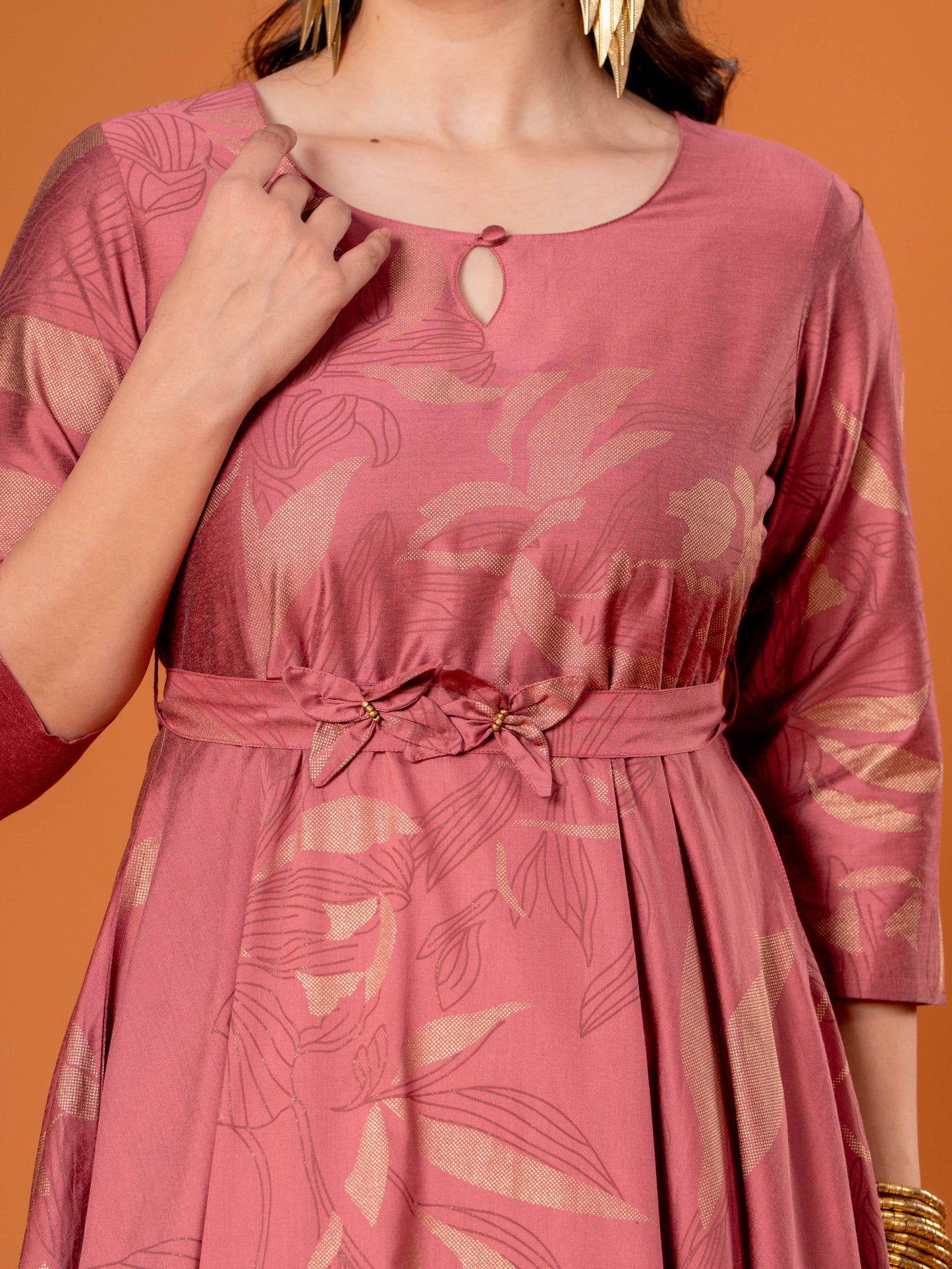 Chanderi Floral Anarkali Old Rose Dress (With Belt)