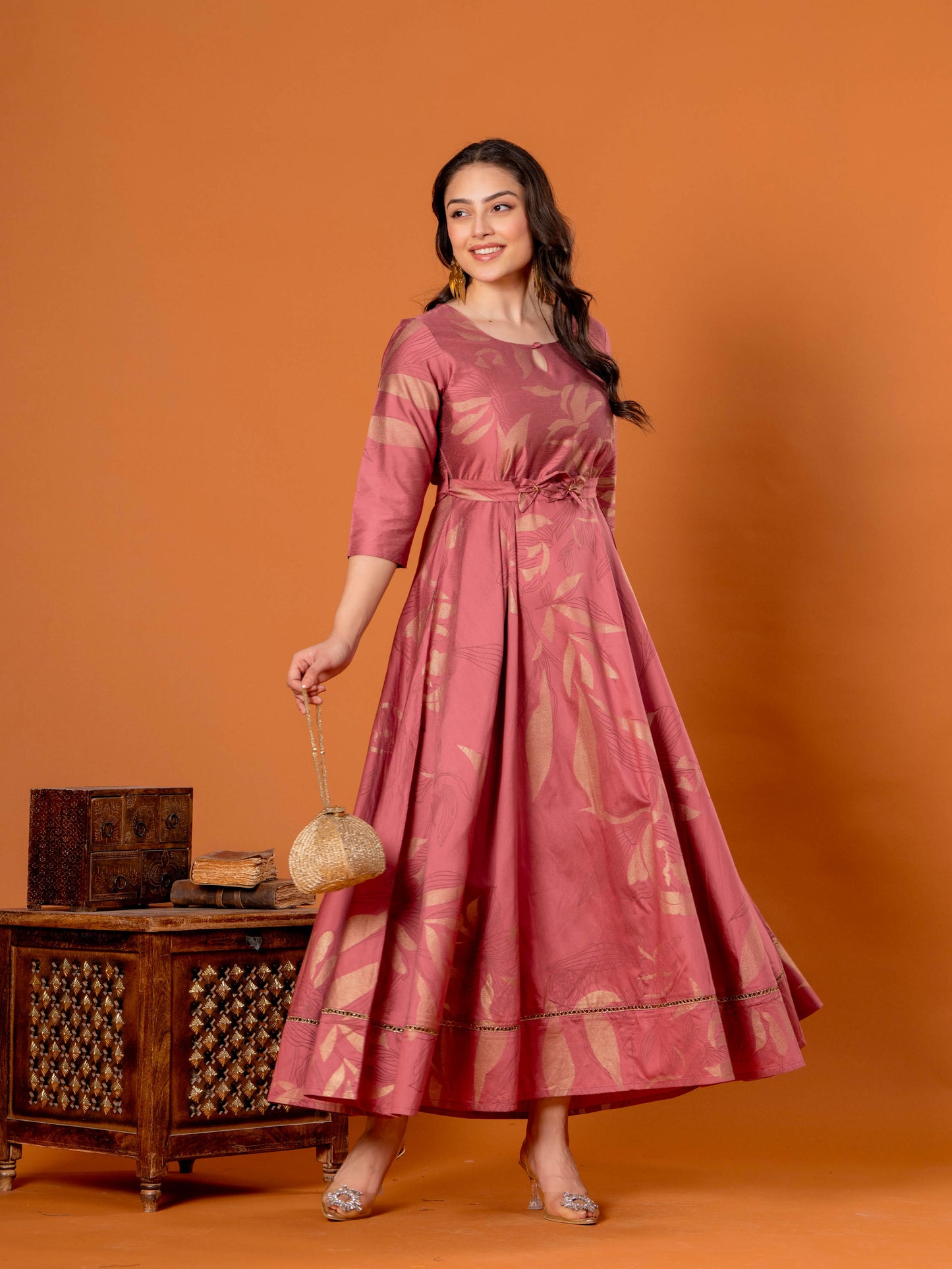 Chanderi Floral Anarkali Old Rose Dress (With Belt)