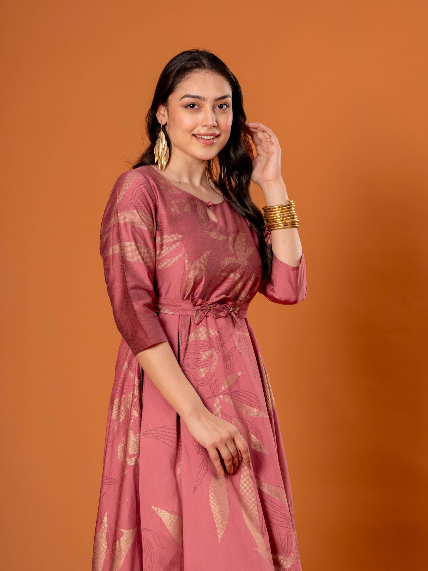 Chanderi Floral Anarkali Old Rose Dress (With Belt)