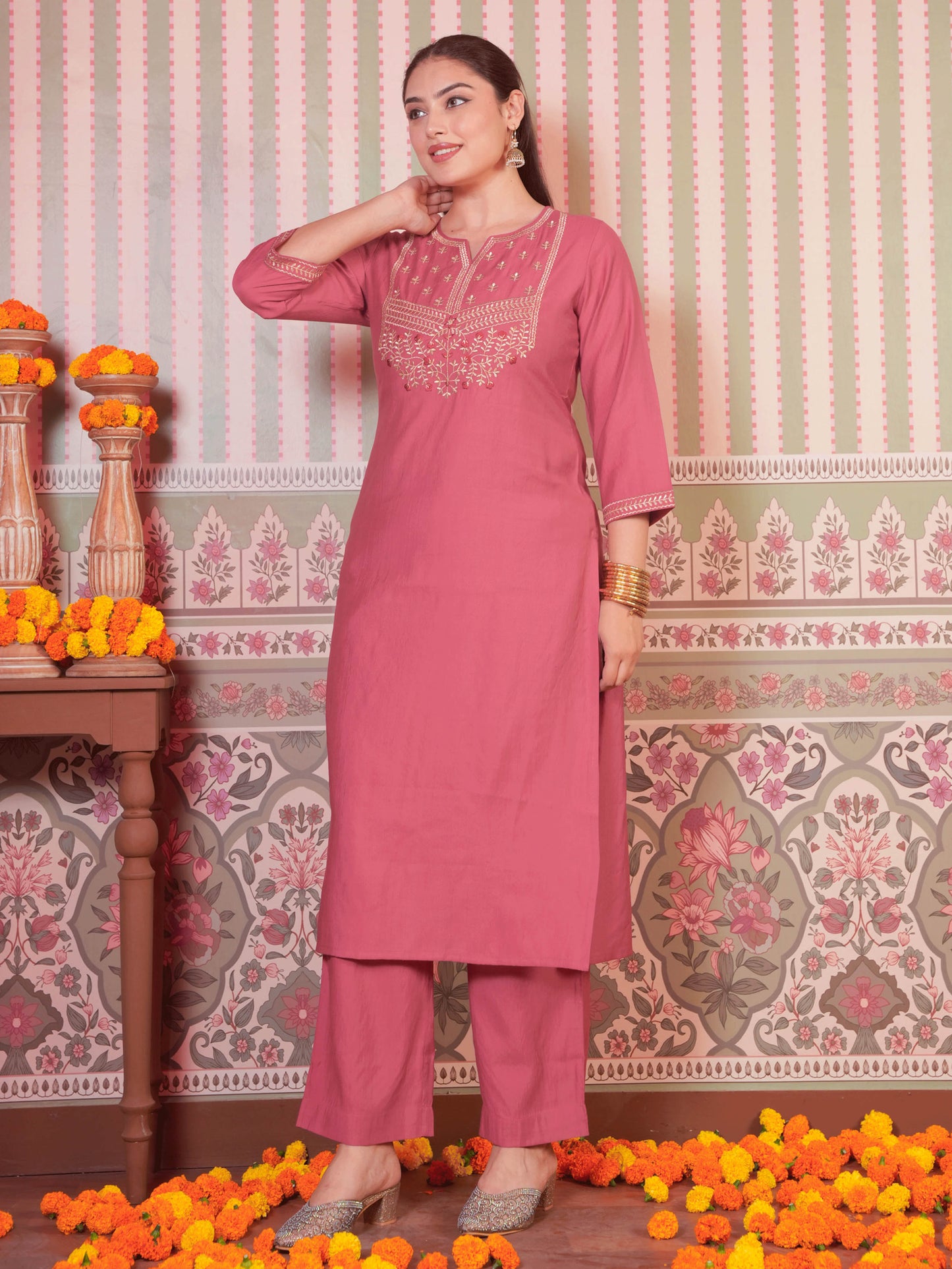 Embroidered Blended Silk Solid Straight Pink Kurta