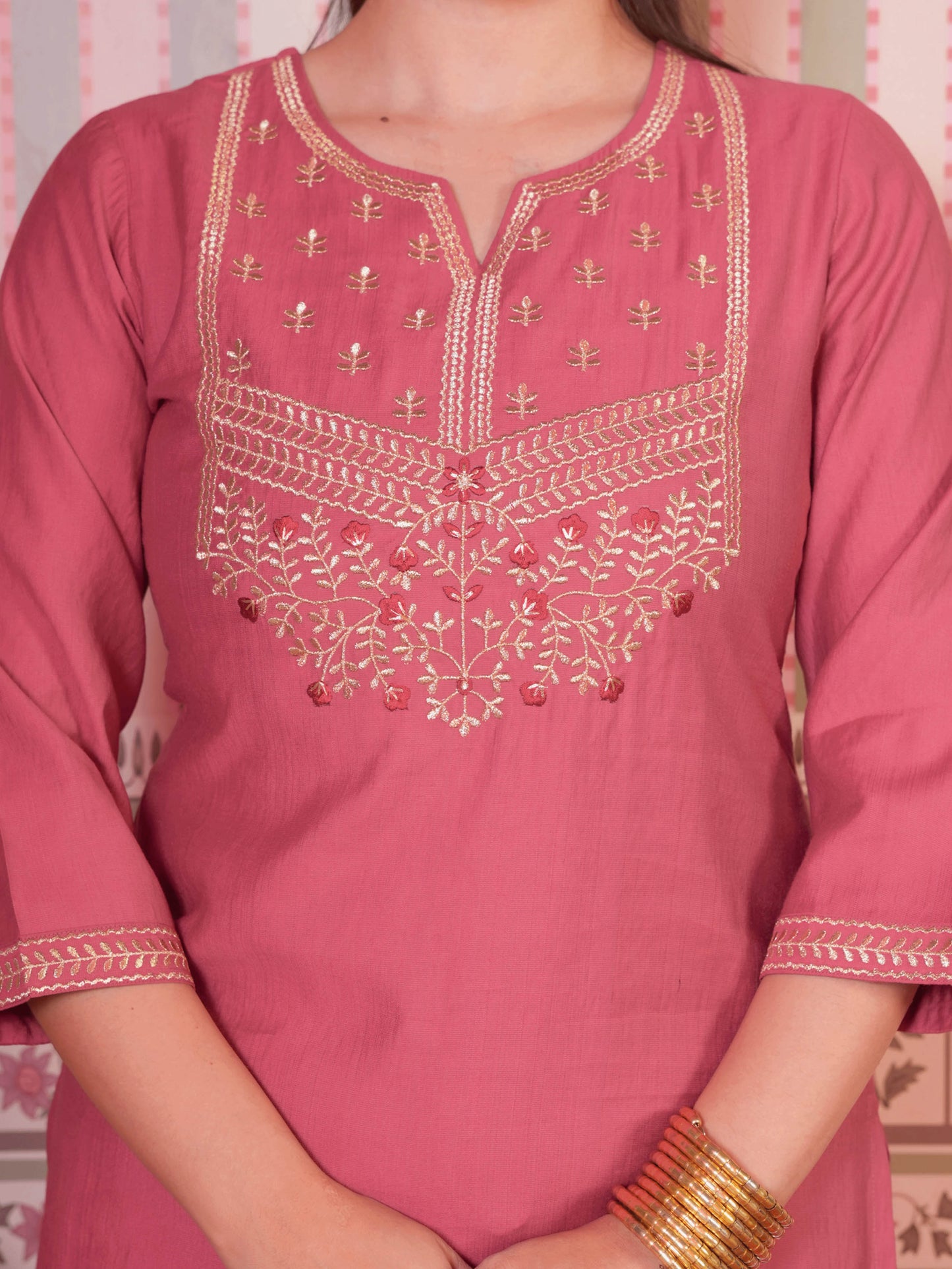 Embroidered Blended Silk Solid Straight Pink Kurta