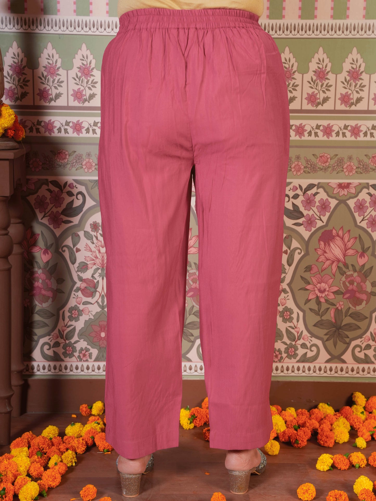 Embroidered Blended Silk Solid Straight Pink Kurta