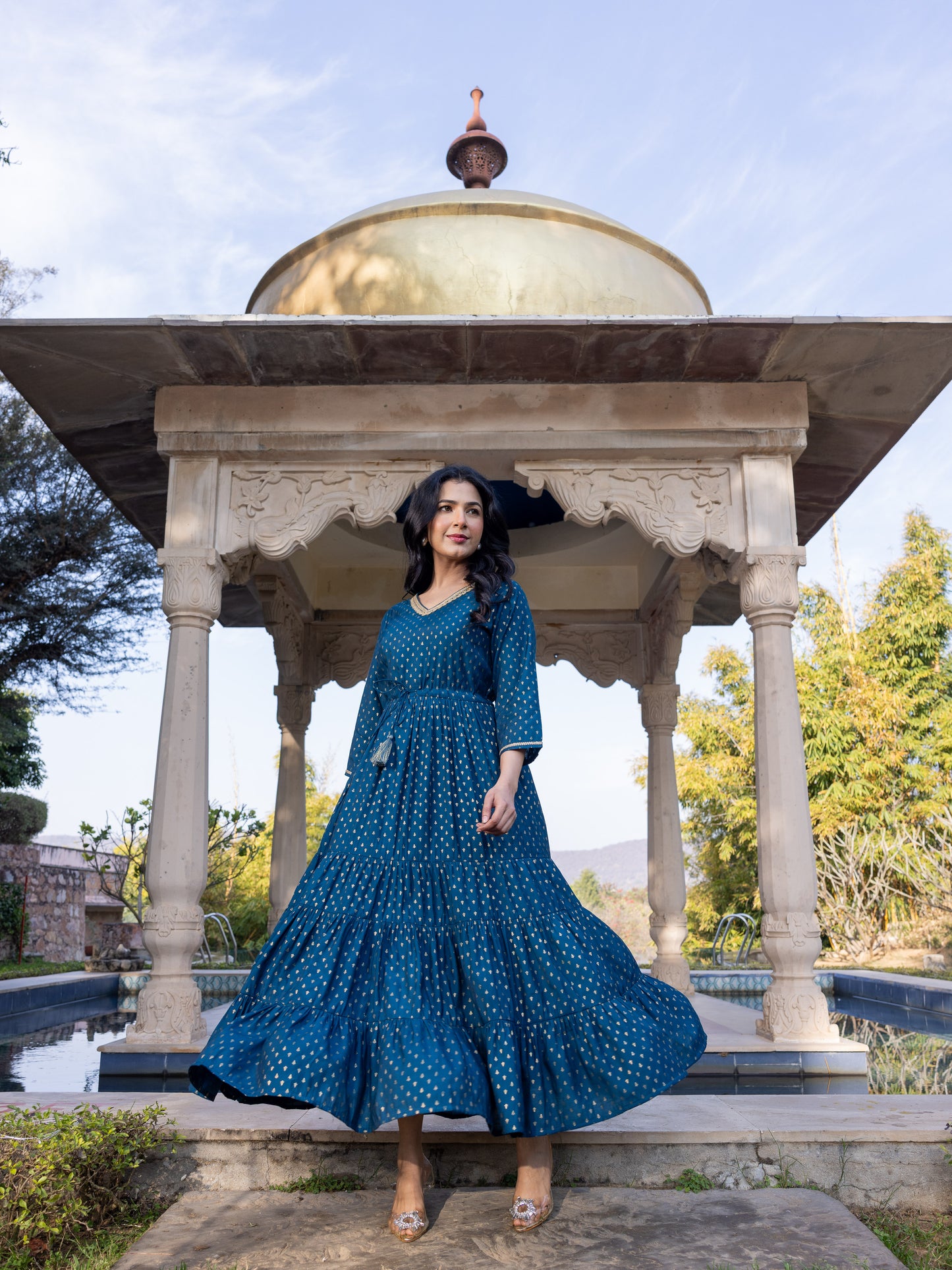 Chanderi Gold foil Anarkali Blue Dress