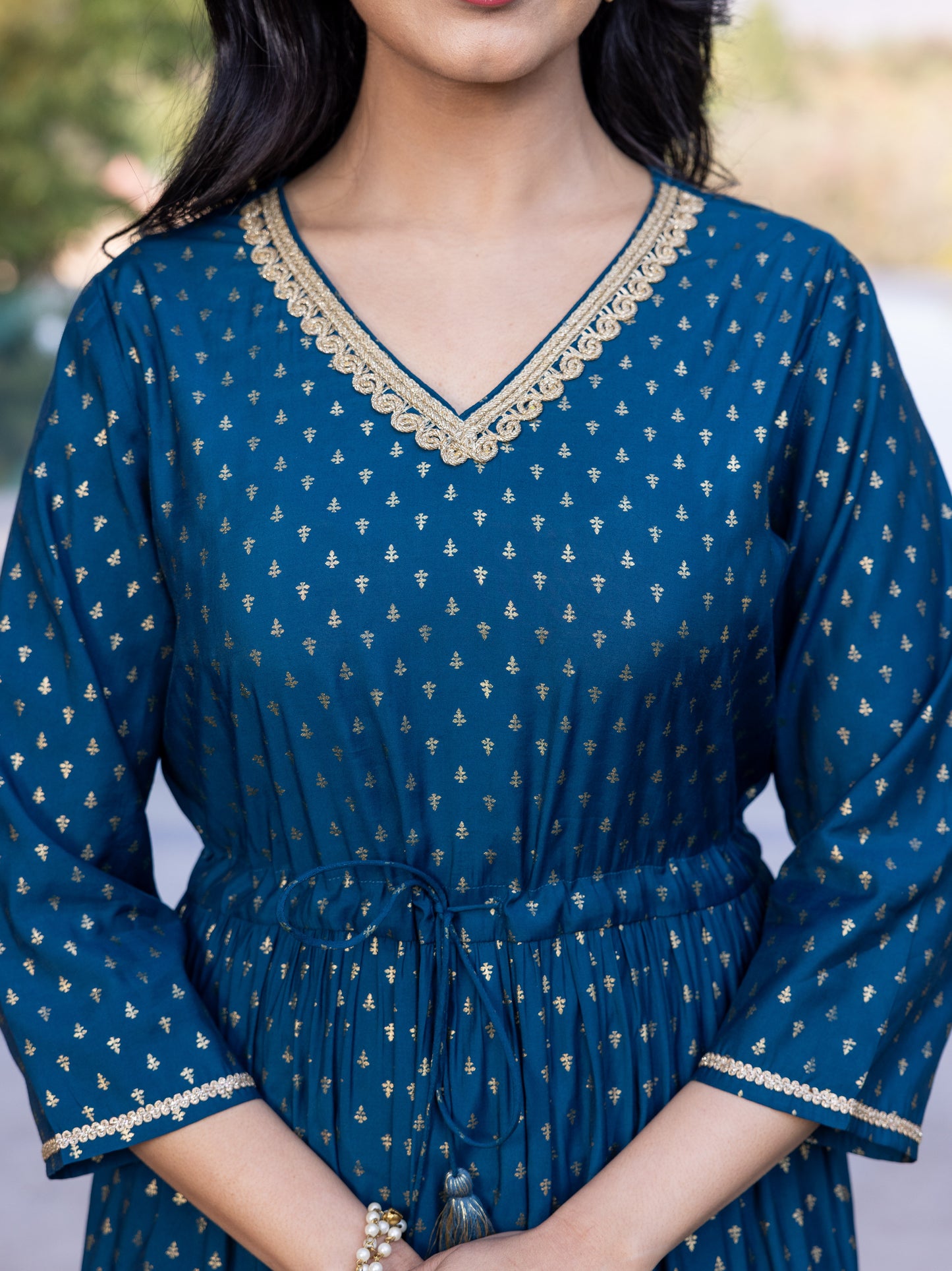Chanderi Gold foil Anarkali Blue Dress