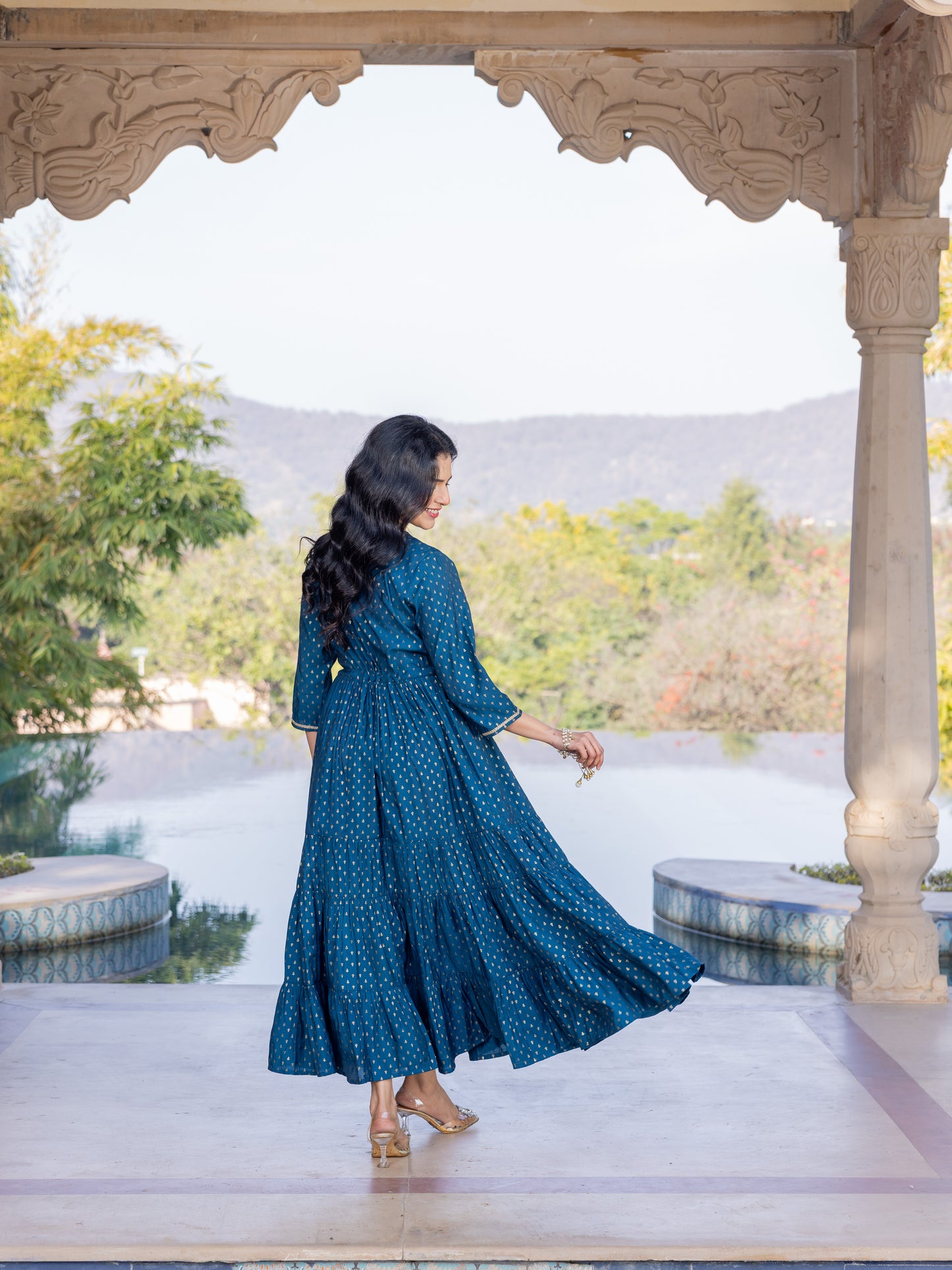 Chanderi Gold foil Anarkali Blue Dress