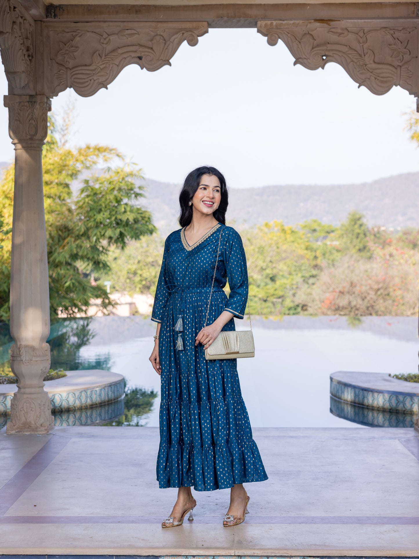 Chanderi Gold foil Anarkali Blue Dress