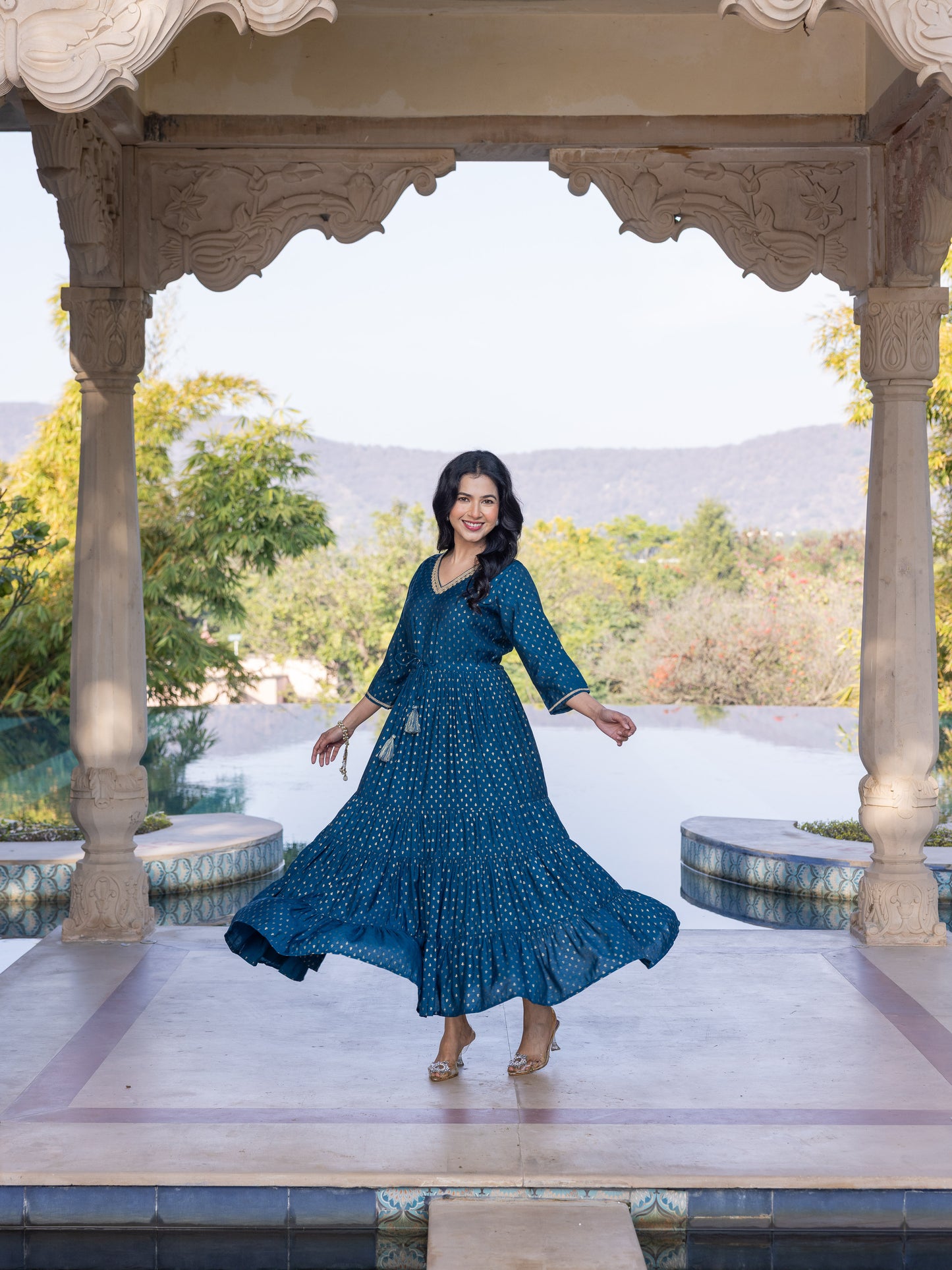 Chanderi Gold foil Anarkali Blue Dress