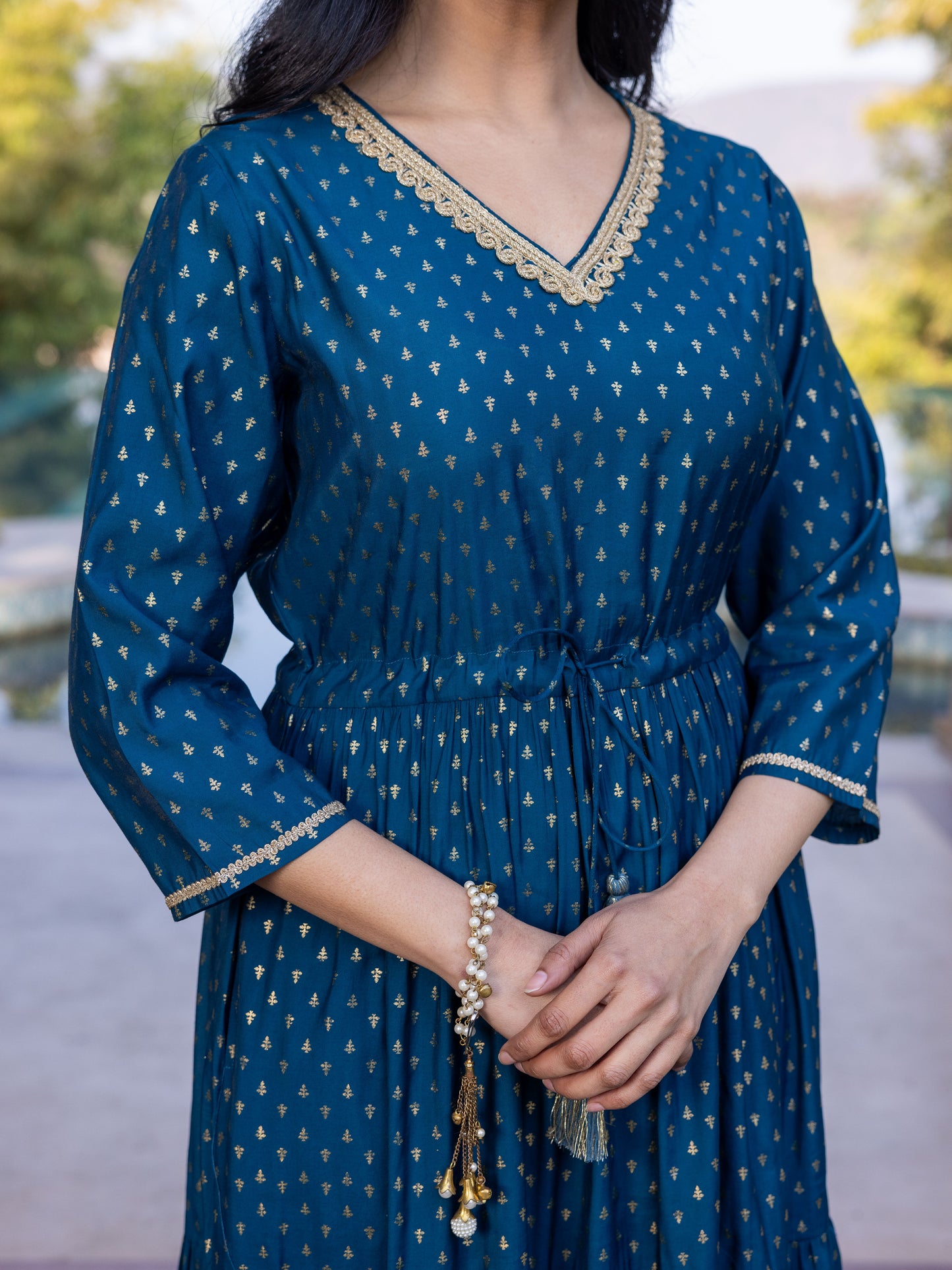 Chanderi Gold foil Anarkali Blue Dress
