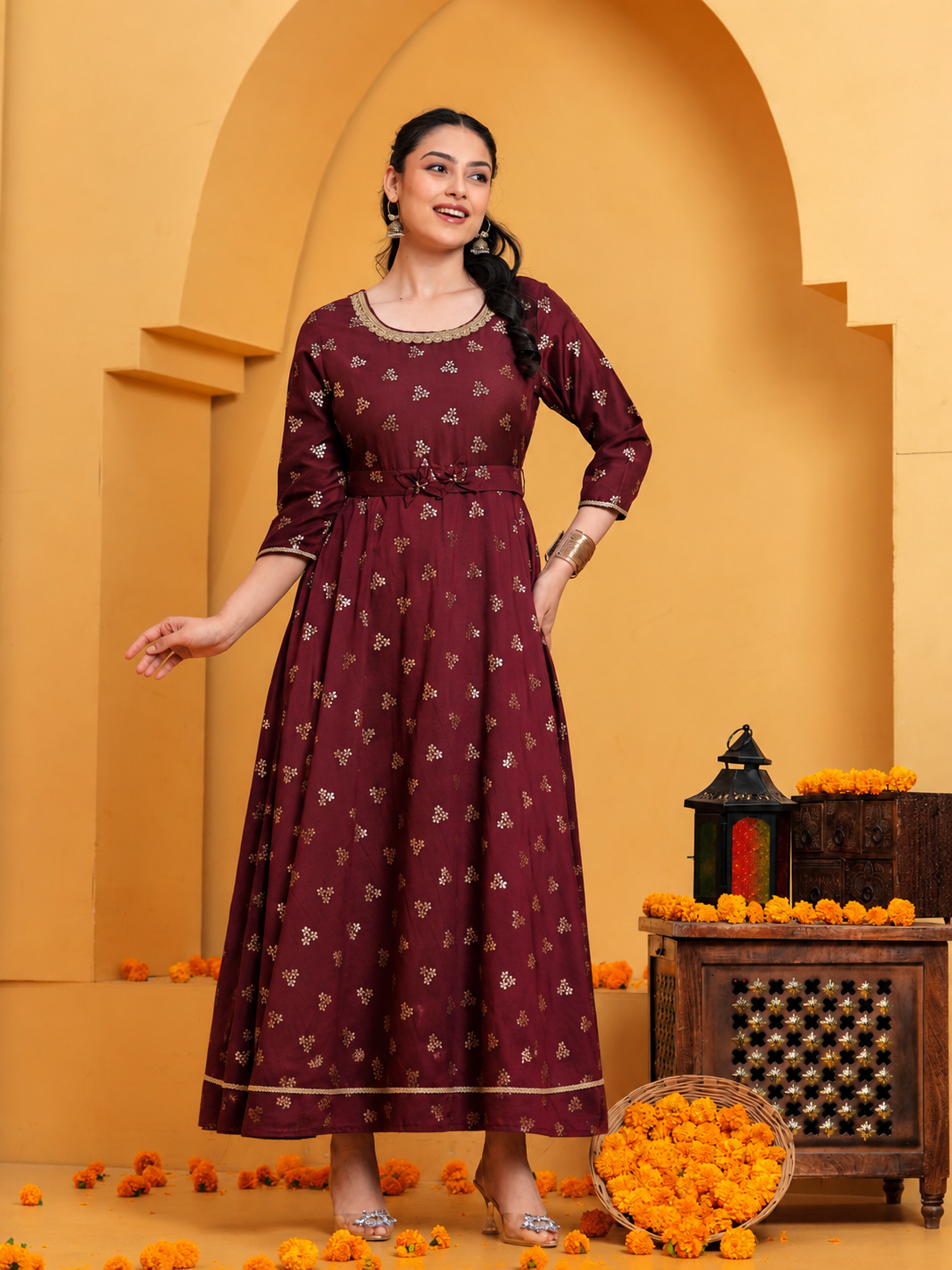 Chanderi Gold foil Anarkali Maroon Dress (With Belt)