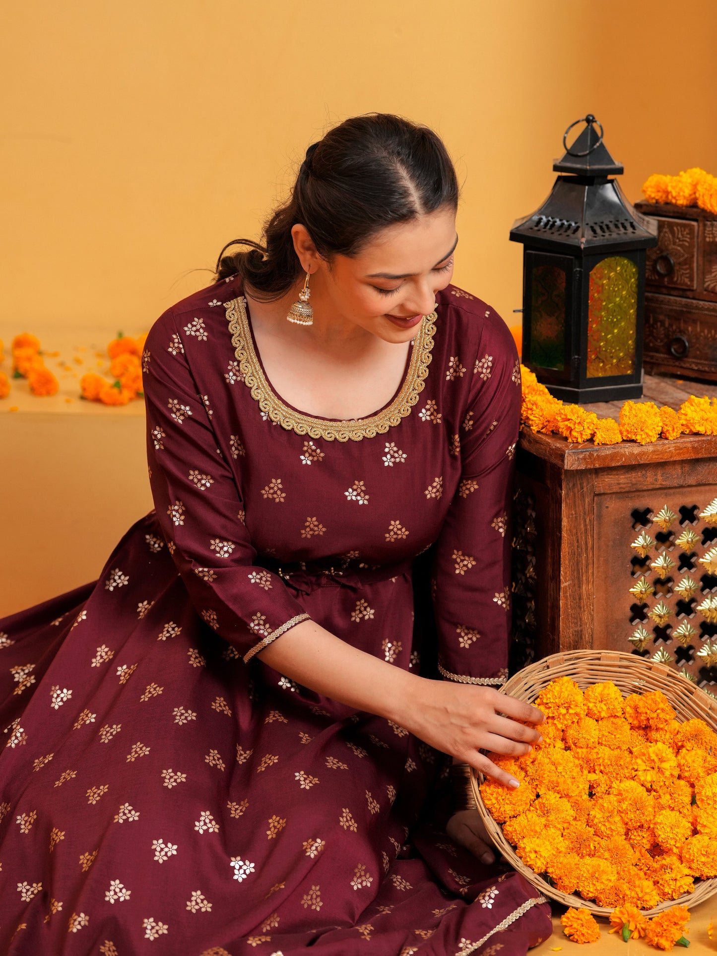Chanderi Gold foil Anarkali Maroon Dress (With Belt)