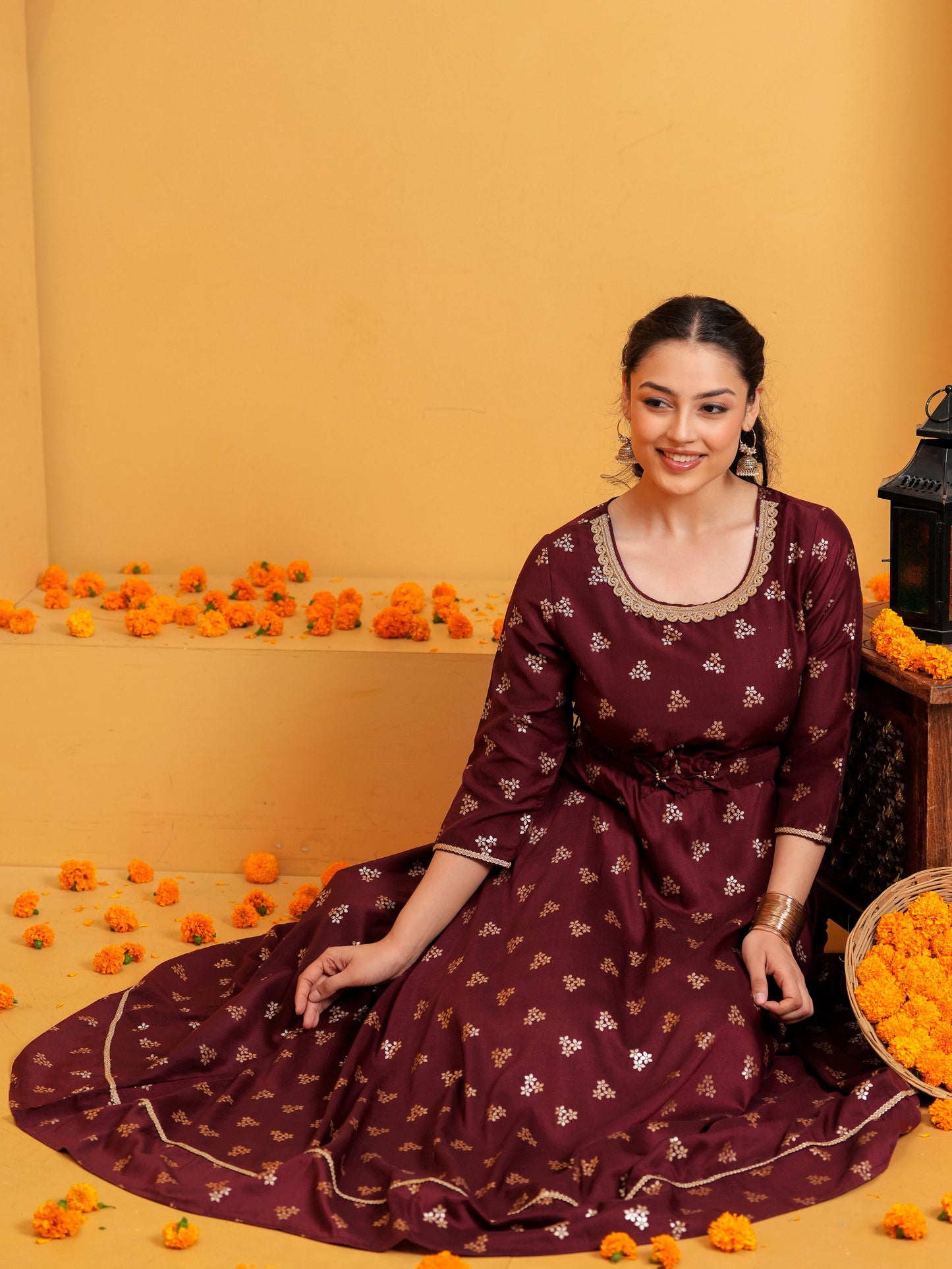 Chanderi Gold foil Anarkali Maroon Dress (With Belt)