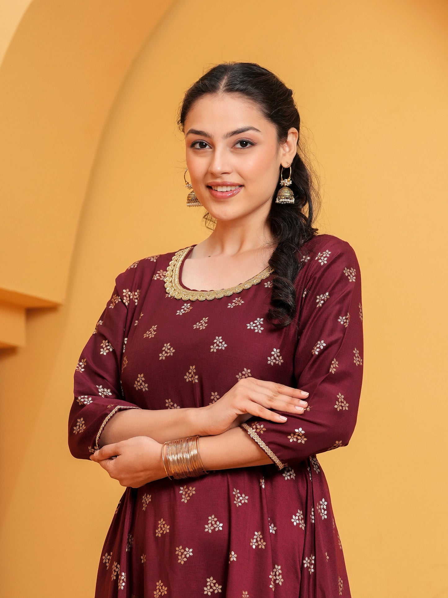 Chanderi Gold foil Anarkali Maroon Dress (With Belt)
