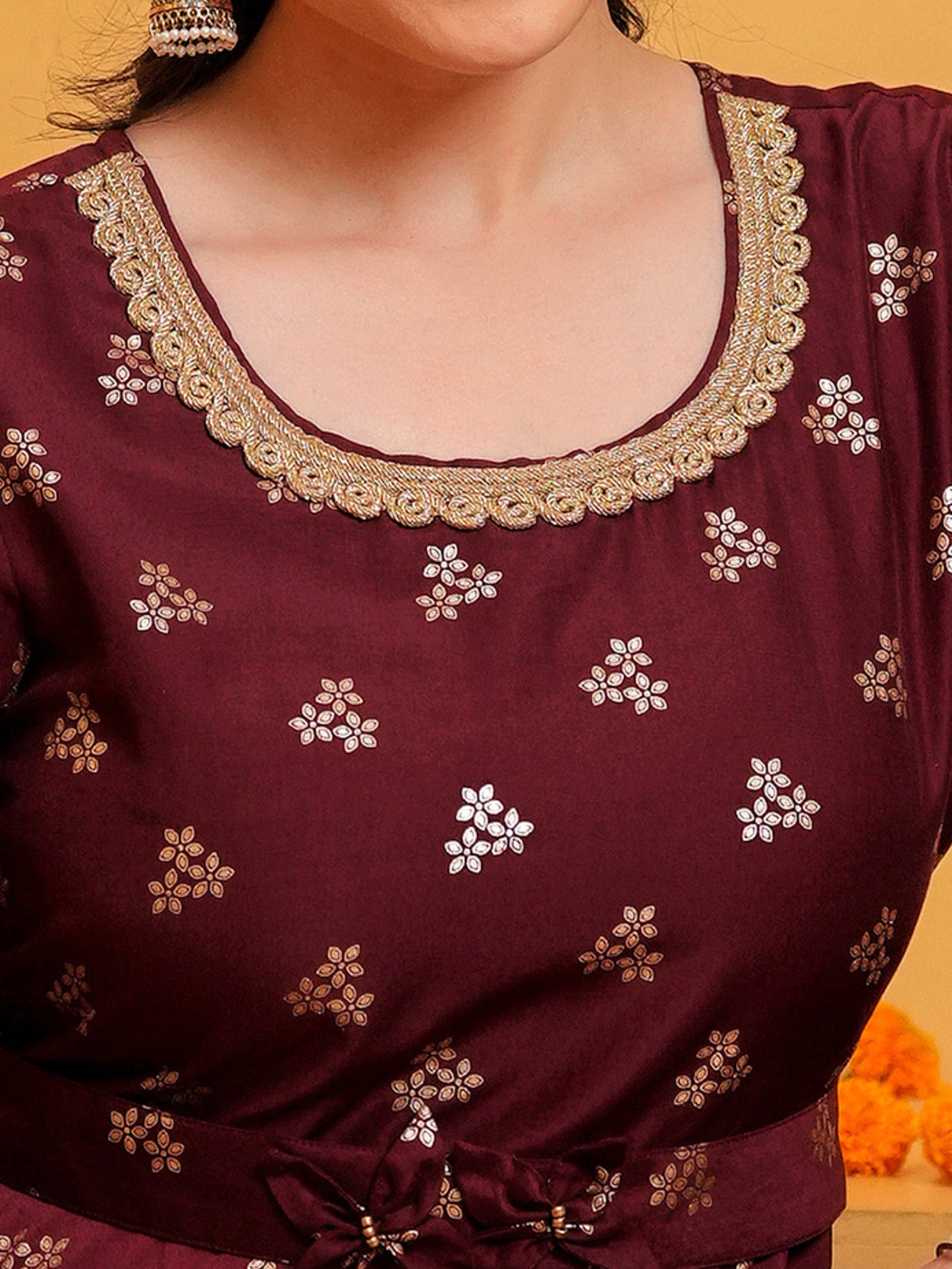 Chanderi Gold foil Anarkali Maroon Dress (With Belt)