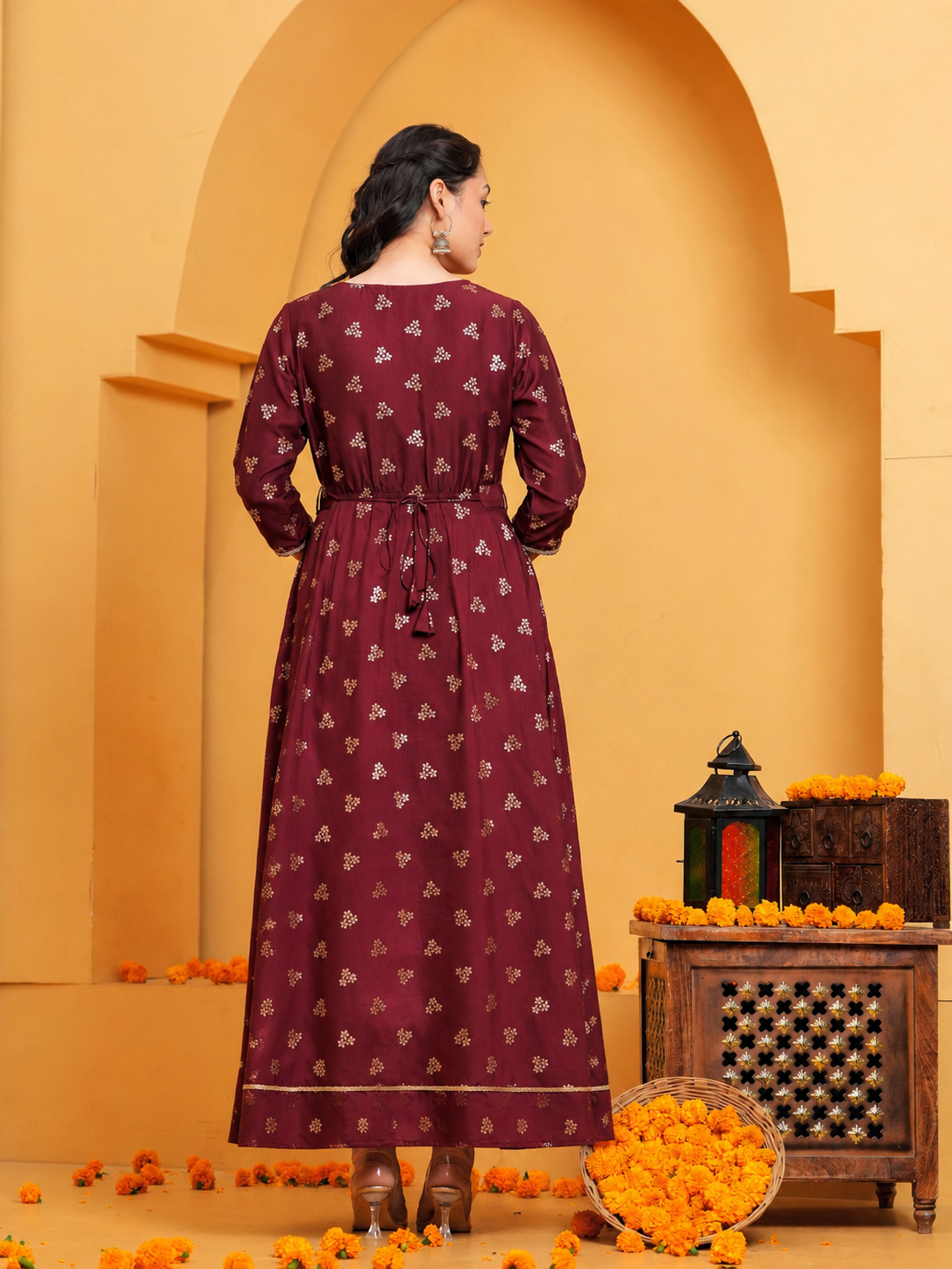 Chanderi Gold foil Anarkali Maroon Dress (With Belt)