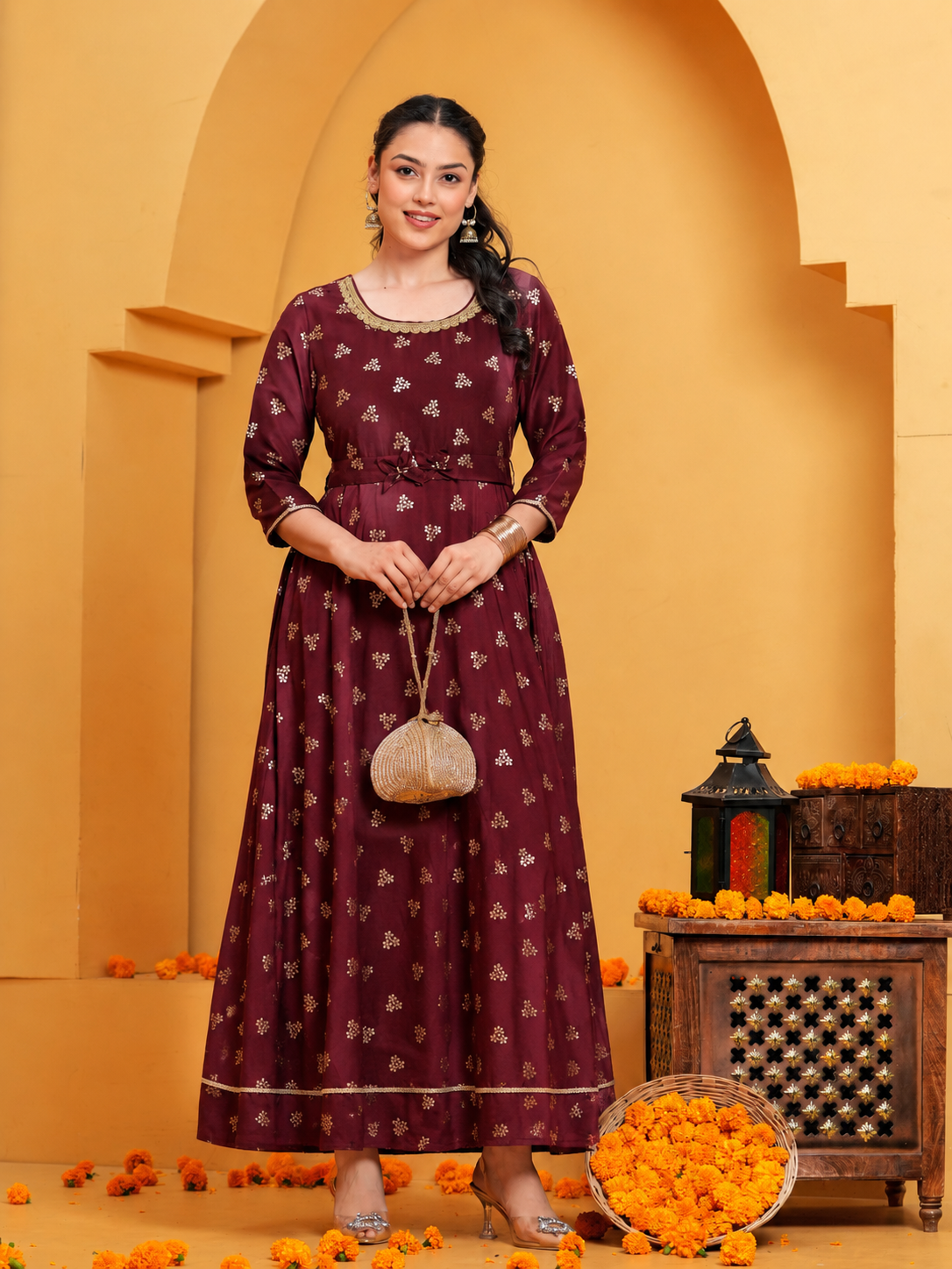 Chanderi Gold foil Anarkali Maroon Dress (With Belt)