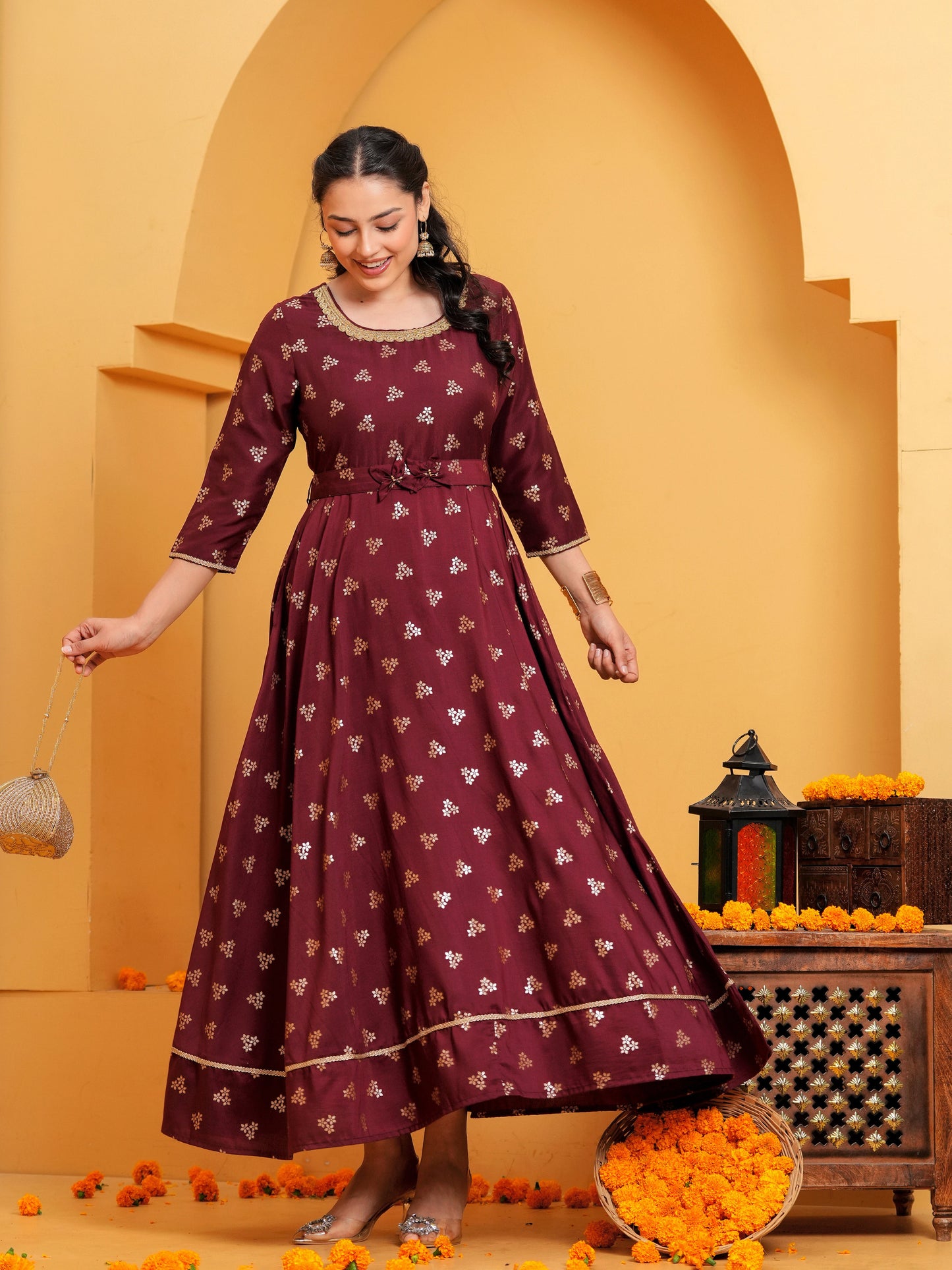 Chanderi Gold foil Anarkali Maroon Dress (With Belt)