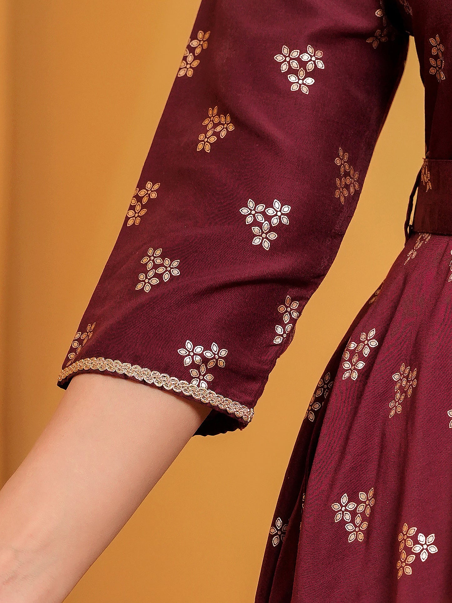 Chanderi Gold foil Anarkali Maroon Dress (With Belt)