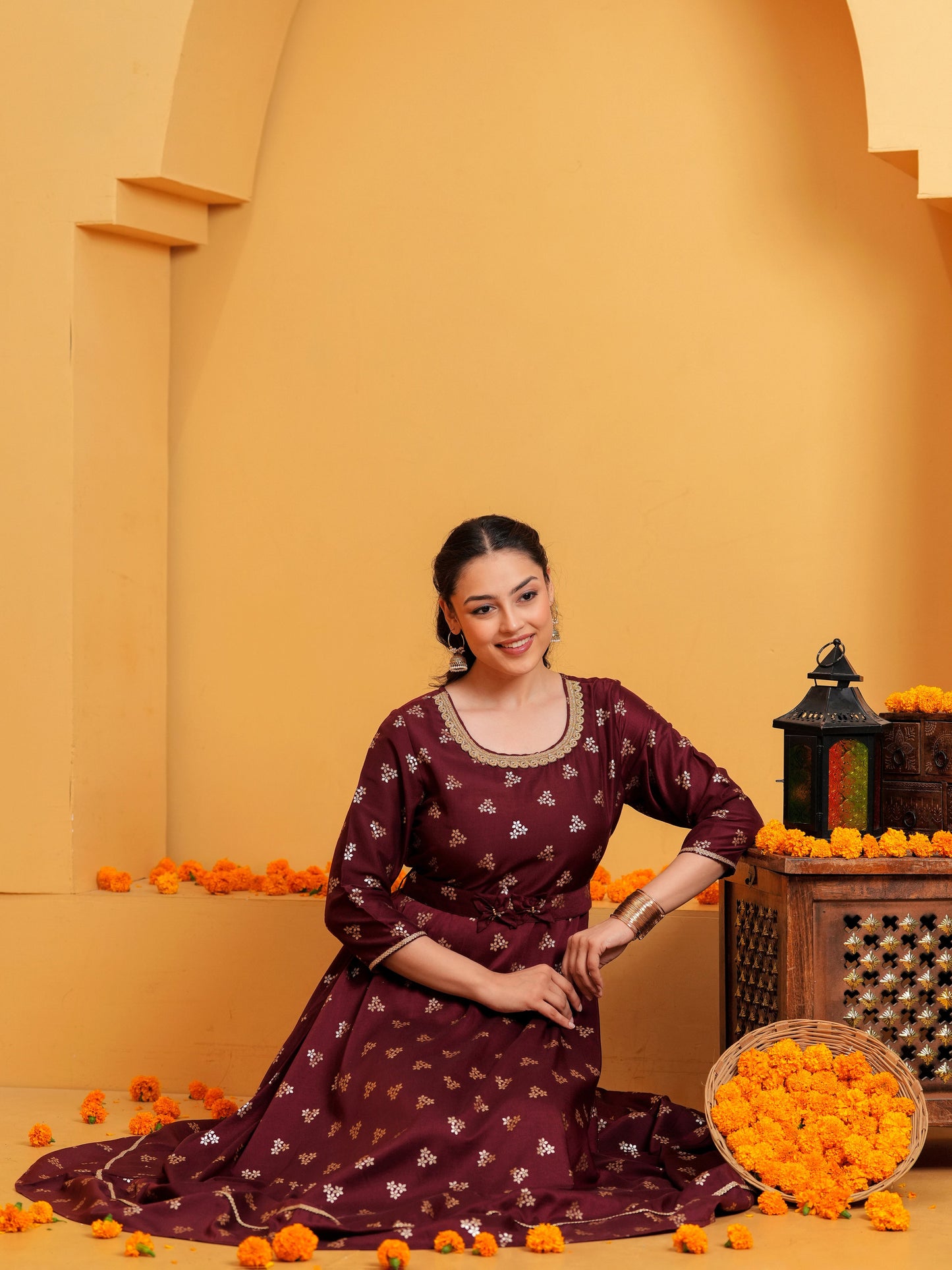 Chanderi Gold foil Anarkali Maroon Dress (With Belt)