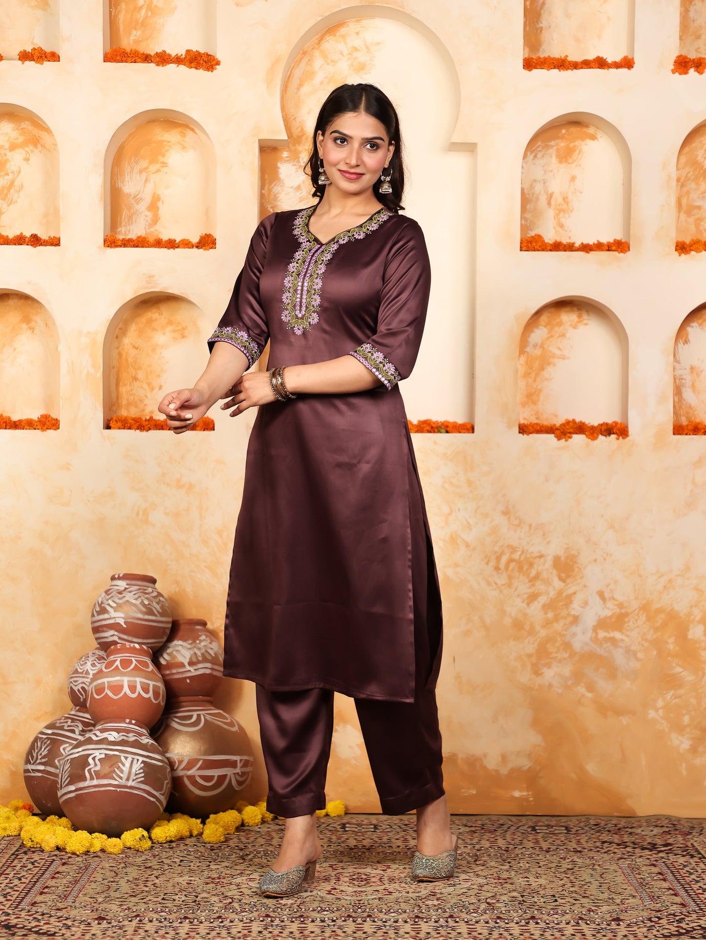 Embroidered Satin Solid Straight Purple Kurta