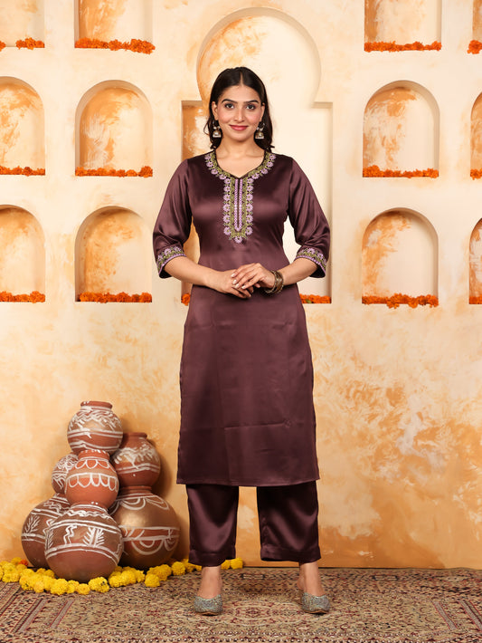 Embroidered Satin Solid Straight Purple Kurta