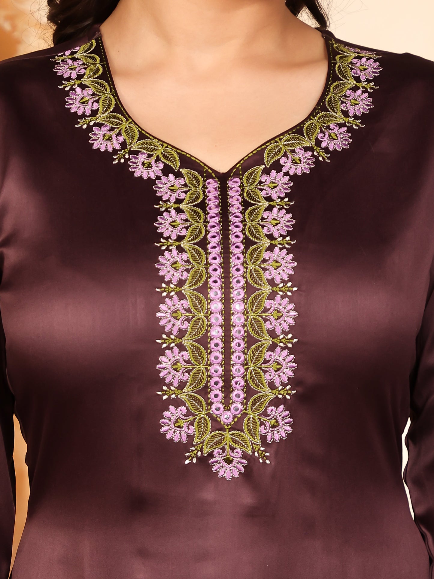 Embroidered Satin Solid Straight Purple Kurta