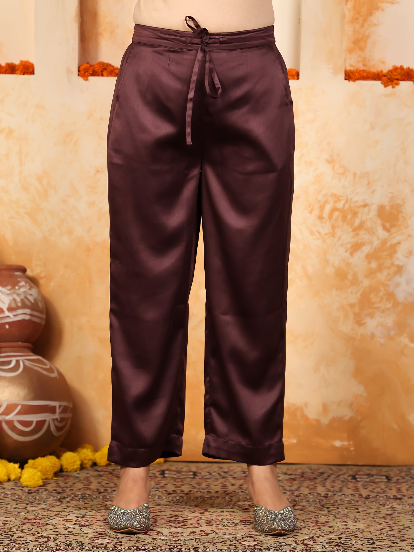 Embroidered Satin Solid Straight Purple Kurta