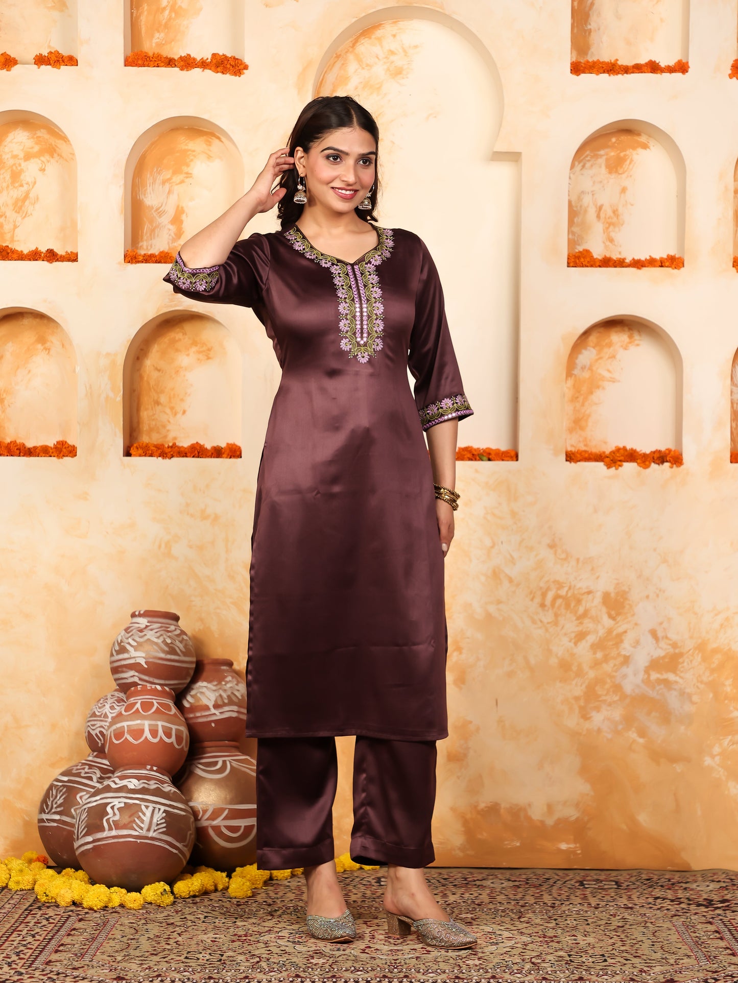 Embroidered Satin Solid Straight Purple Kurta
