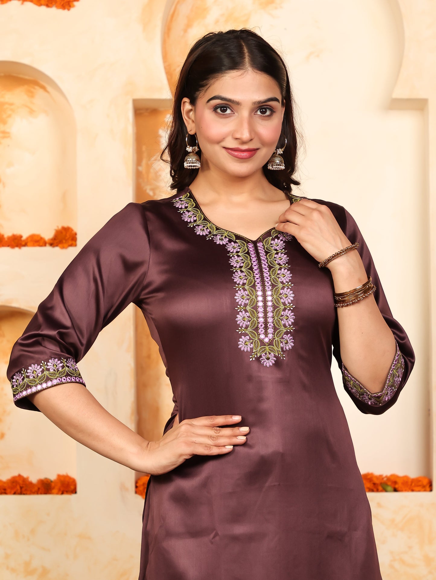 Embroidered Satin Solid Straight Purple Kurta