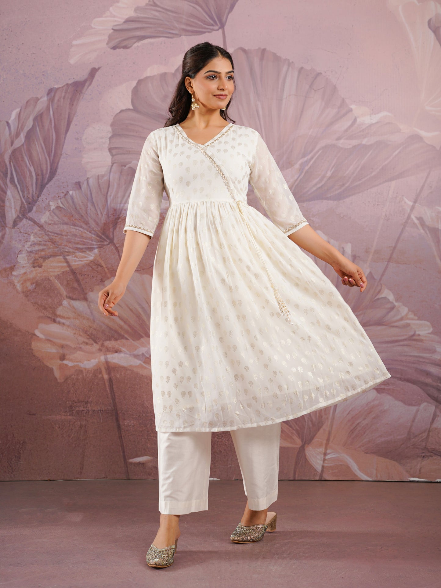 Georgette Gold foil Angrakha Off White Kurta