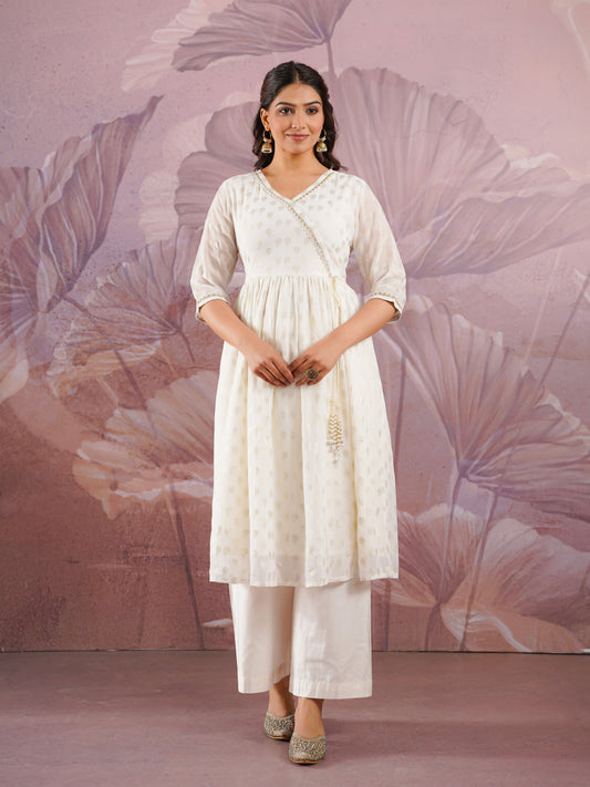 Georgette Gold foil Angrakha Off White Kurta