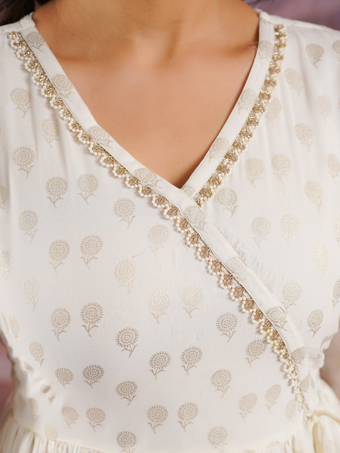Georgette Gold foil Angrakha Off White Kurta