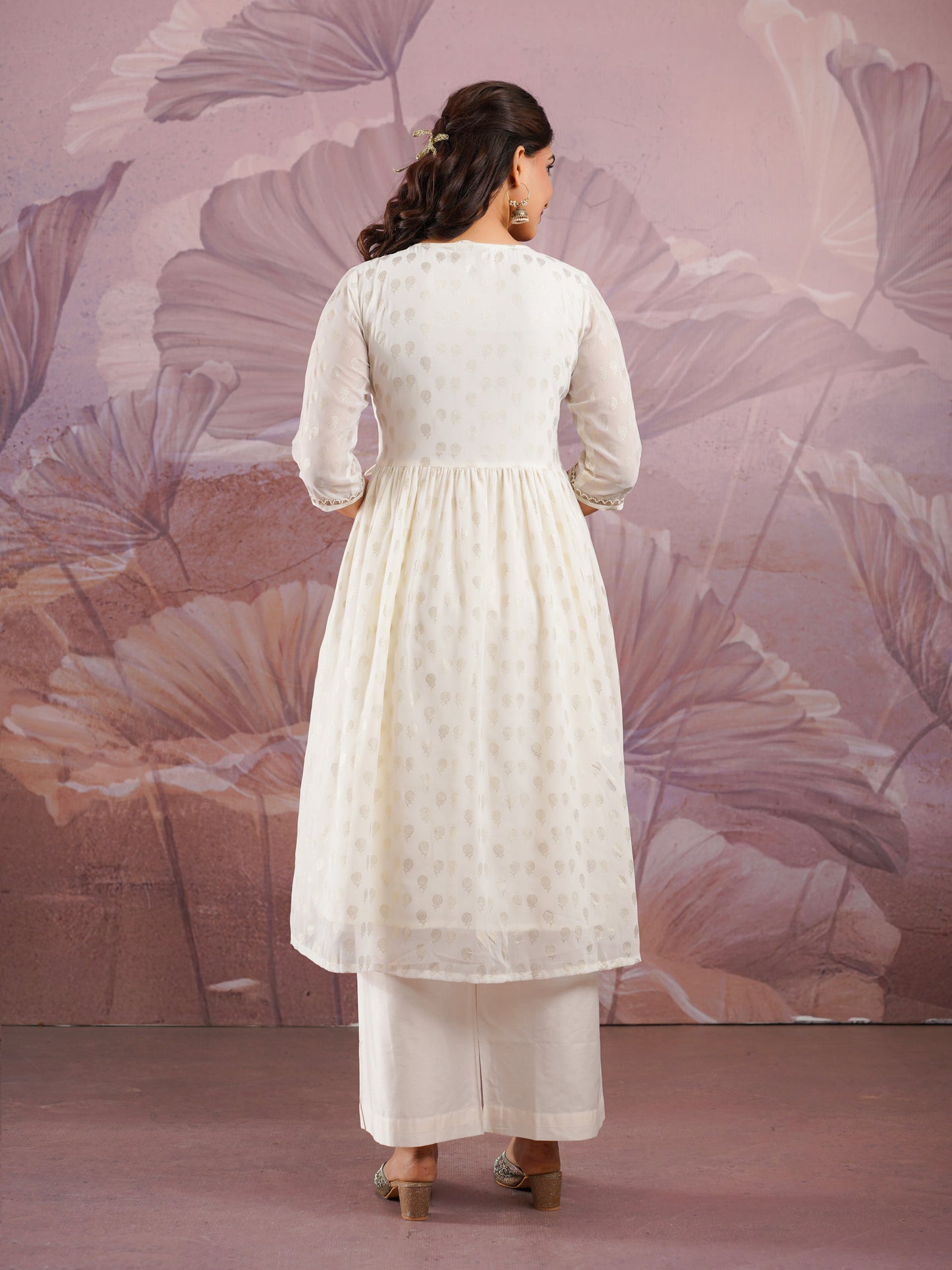 Georgette Gold foil Angrakha Off White Kurta
