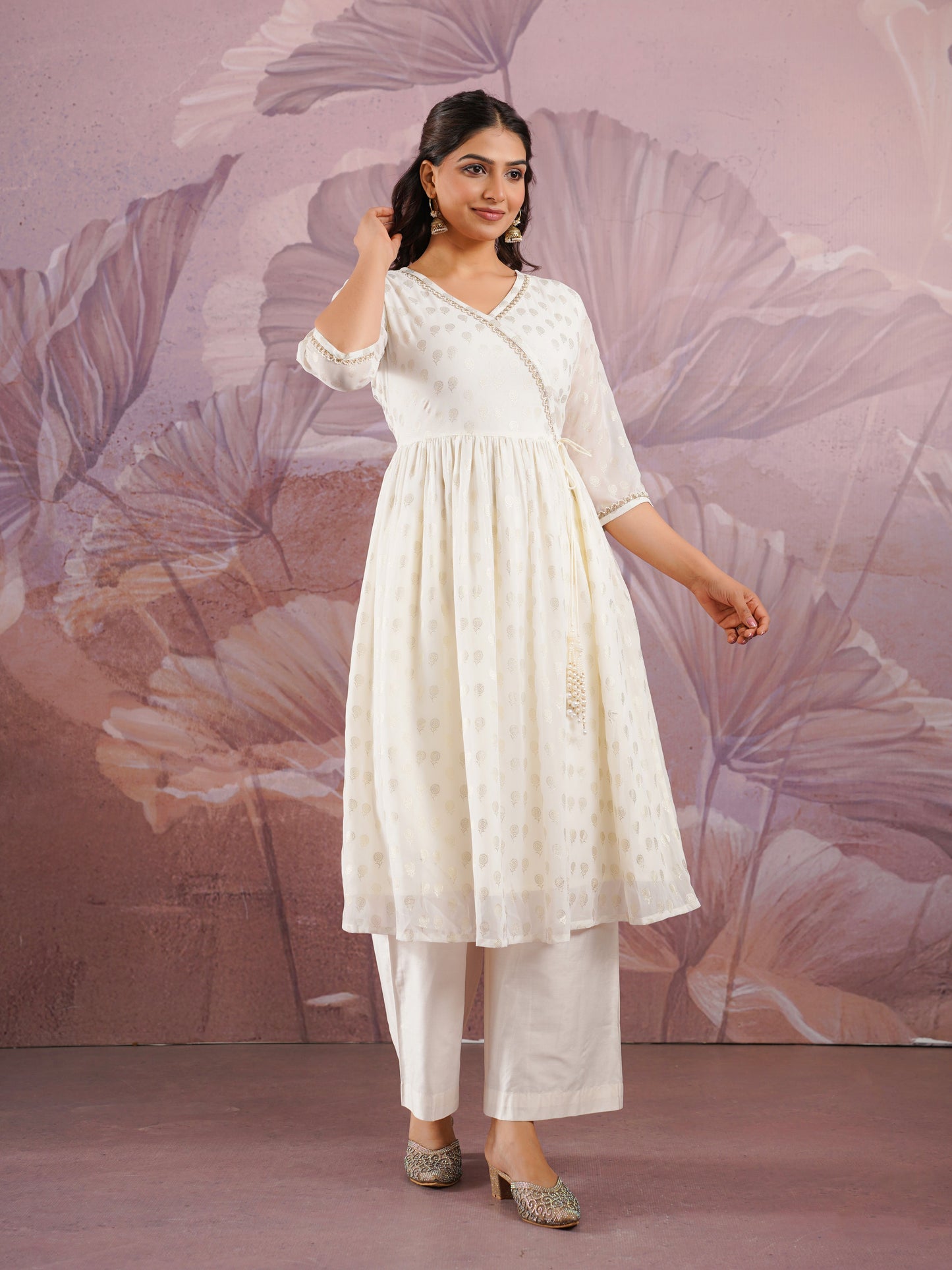 Georgette Gold foil Angrakha Off White Kurta
