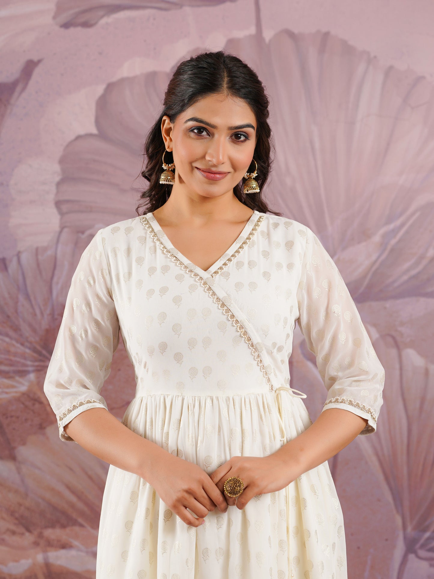 Georgette Gold foil Angrakha Off White Kurta