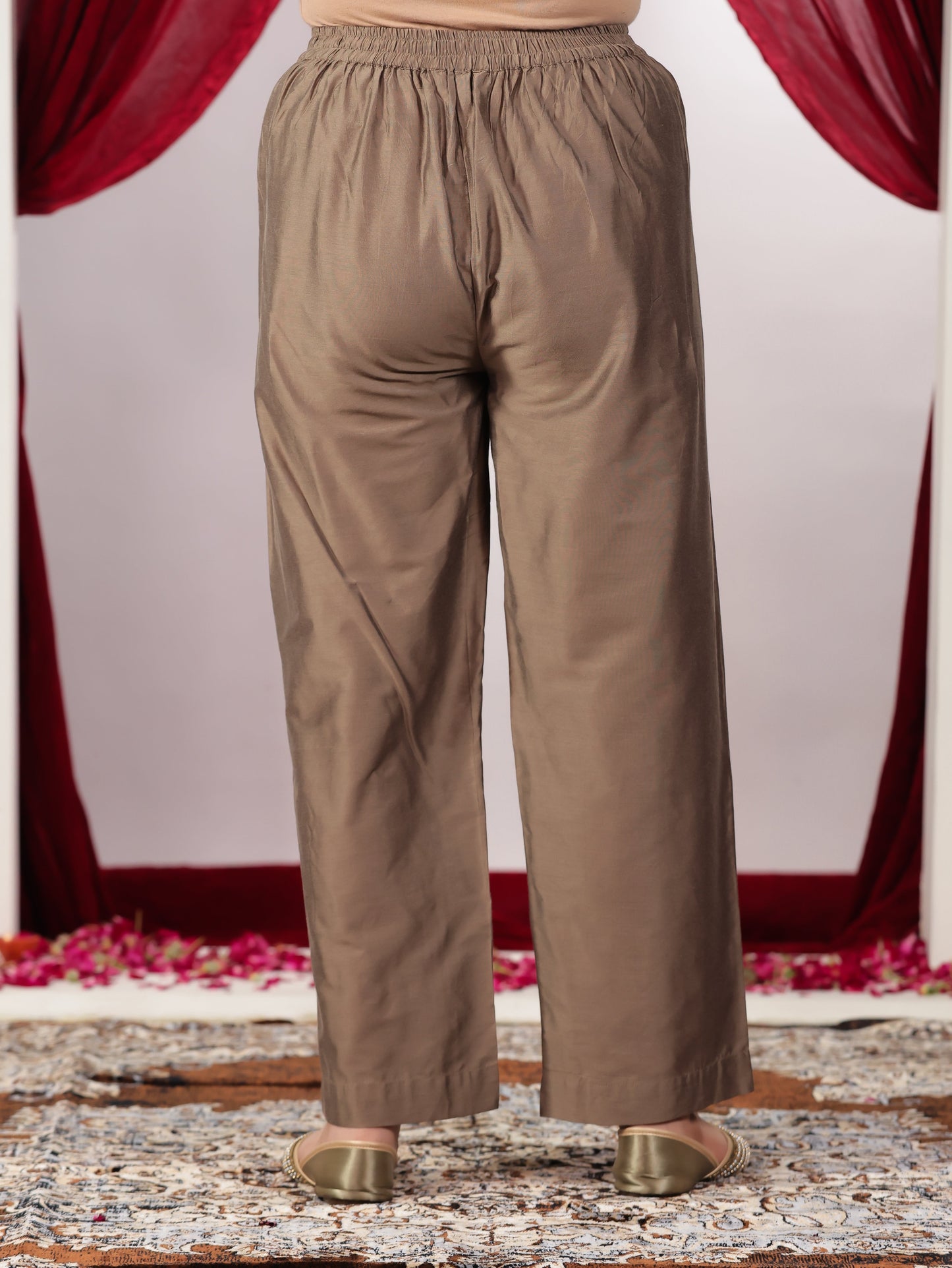 Chanderi Solid Brown Straight Trousers