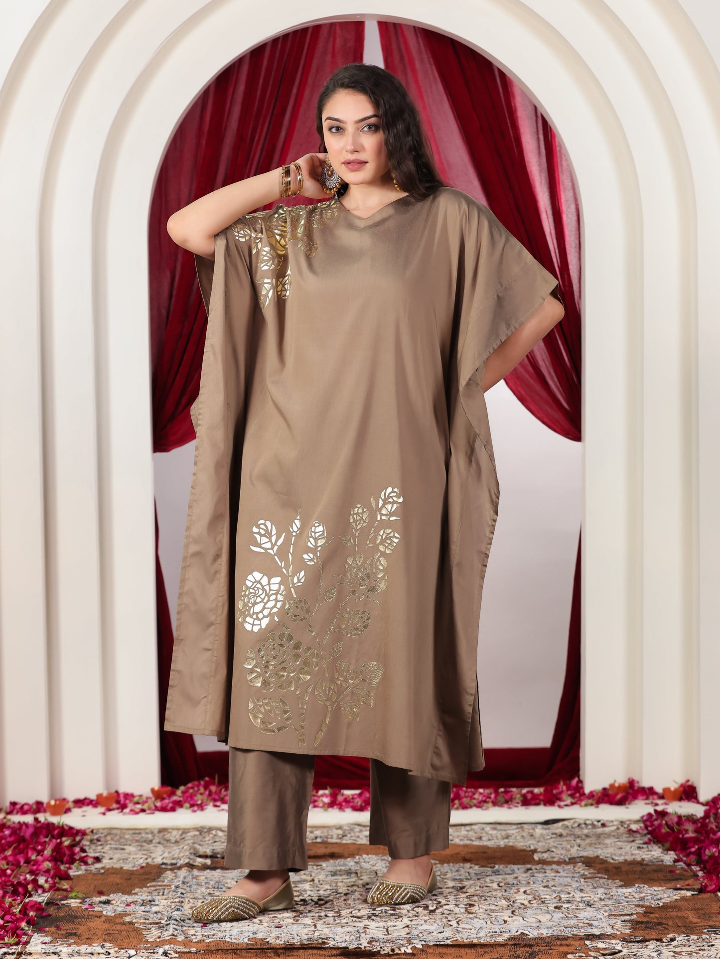 Chanderi Gold Foil Print Kaftan Brown Kurta