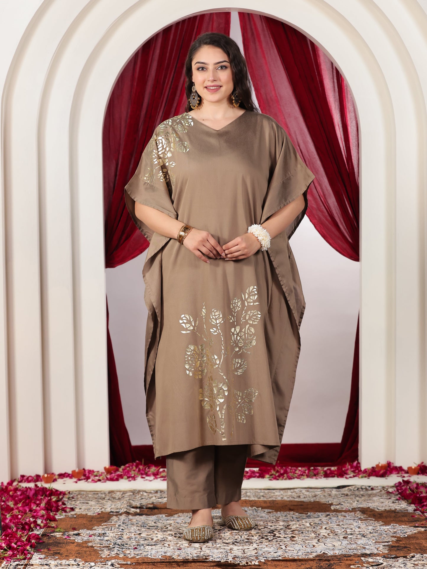 Chanderi Gold Foil Print Kaftan Brown Kurta