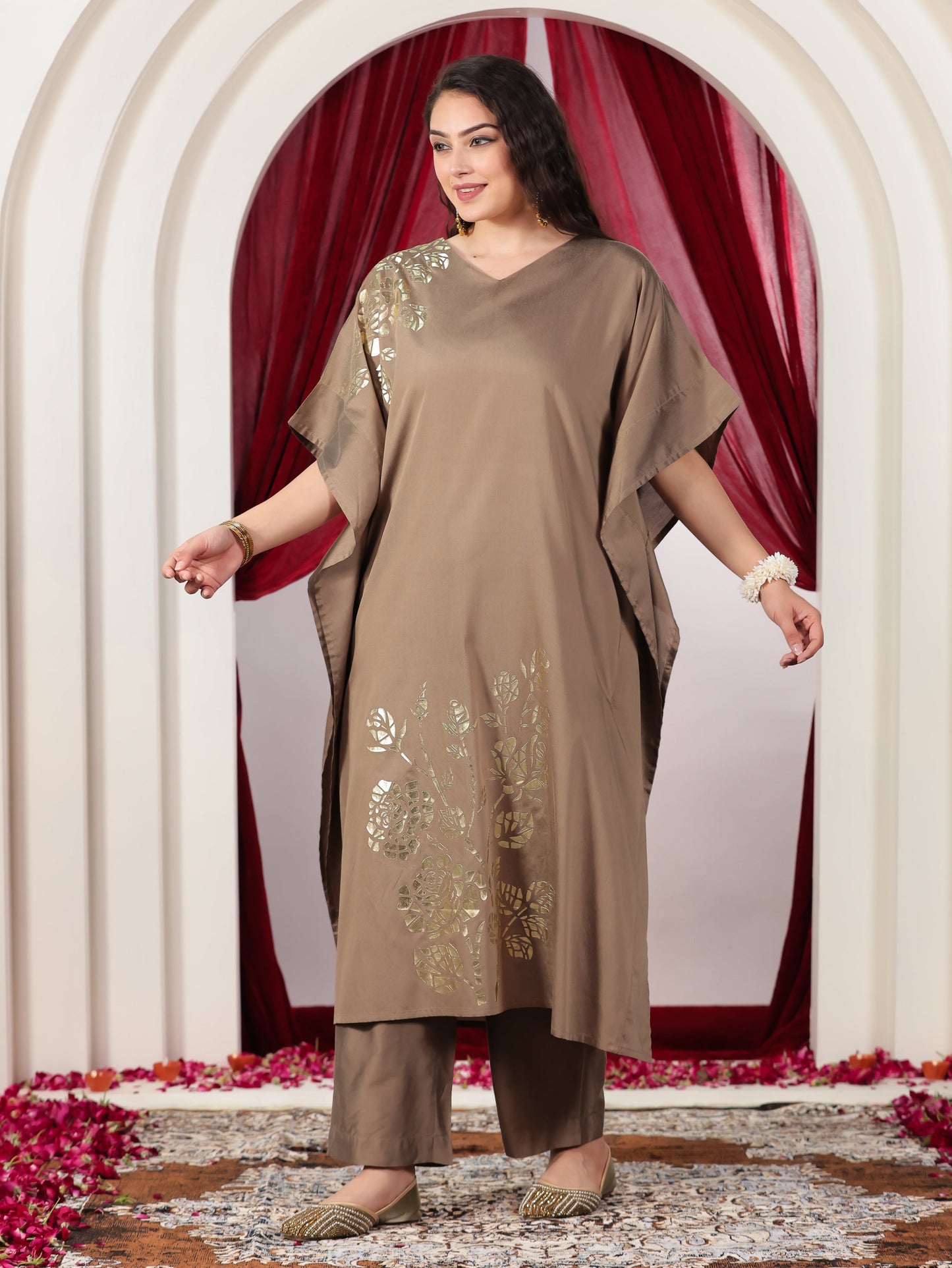 Chanderi Gold Foil Print Kaftan Brown Kurta