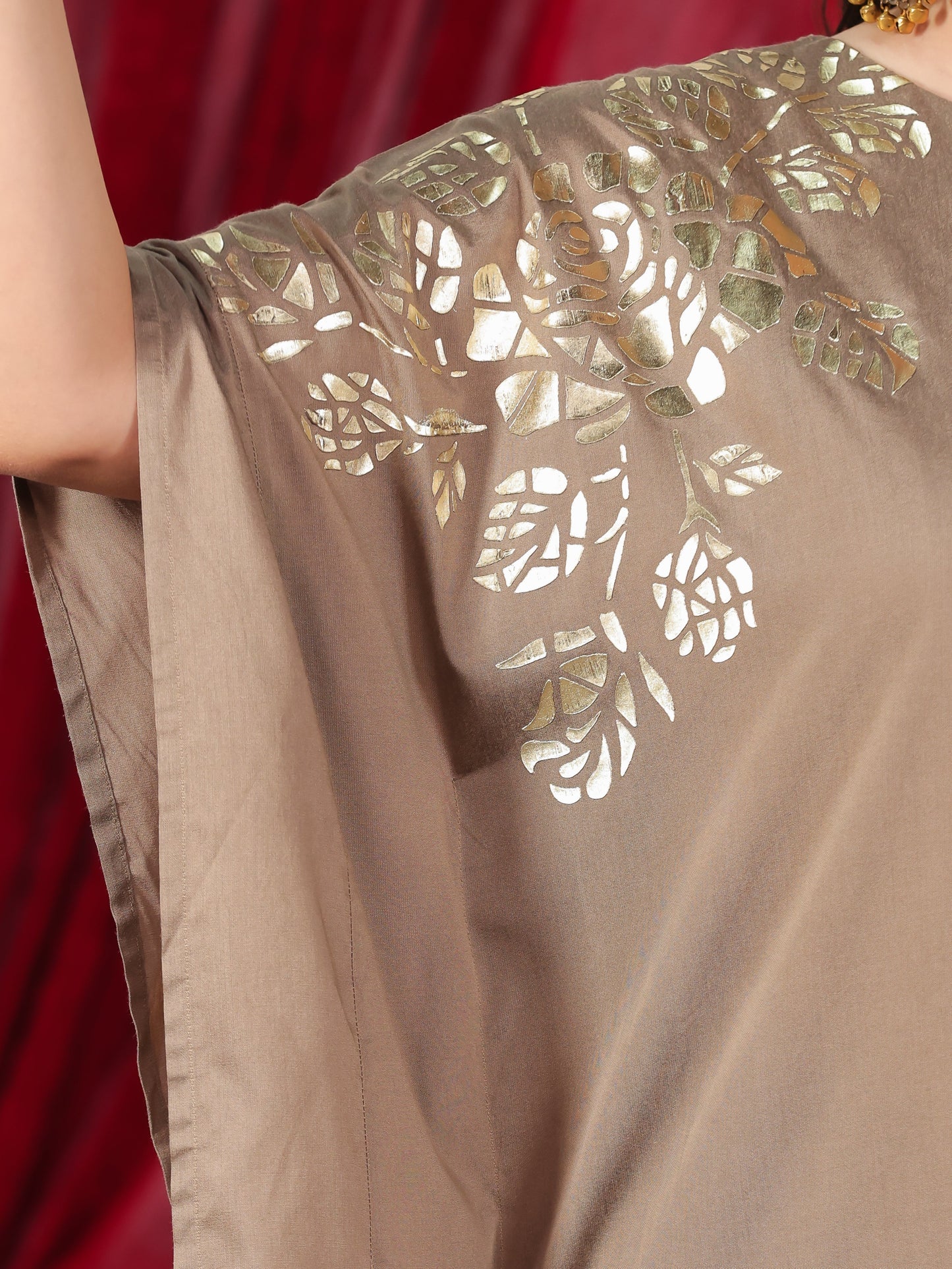 Chanderi Gold Foil Print Kaftan Brown Kurta
