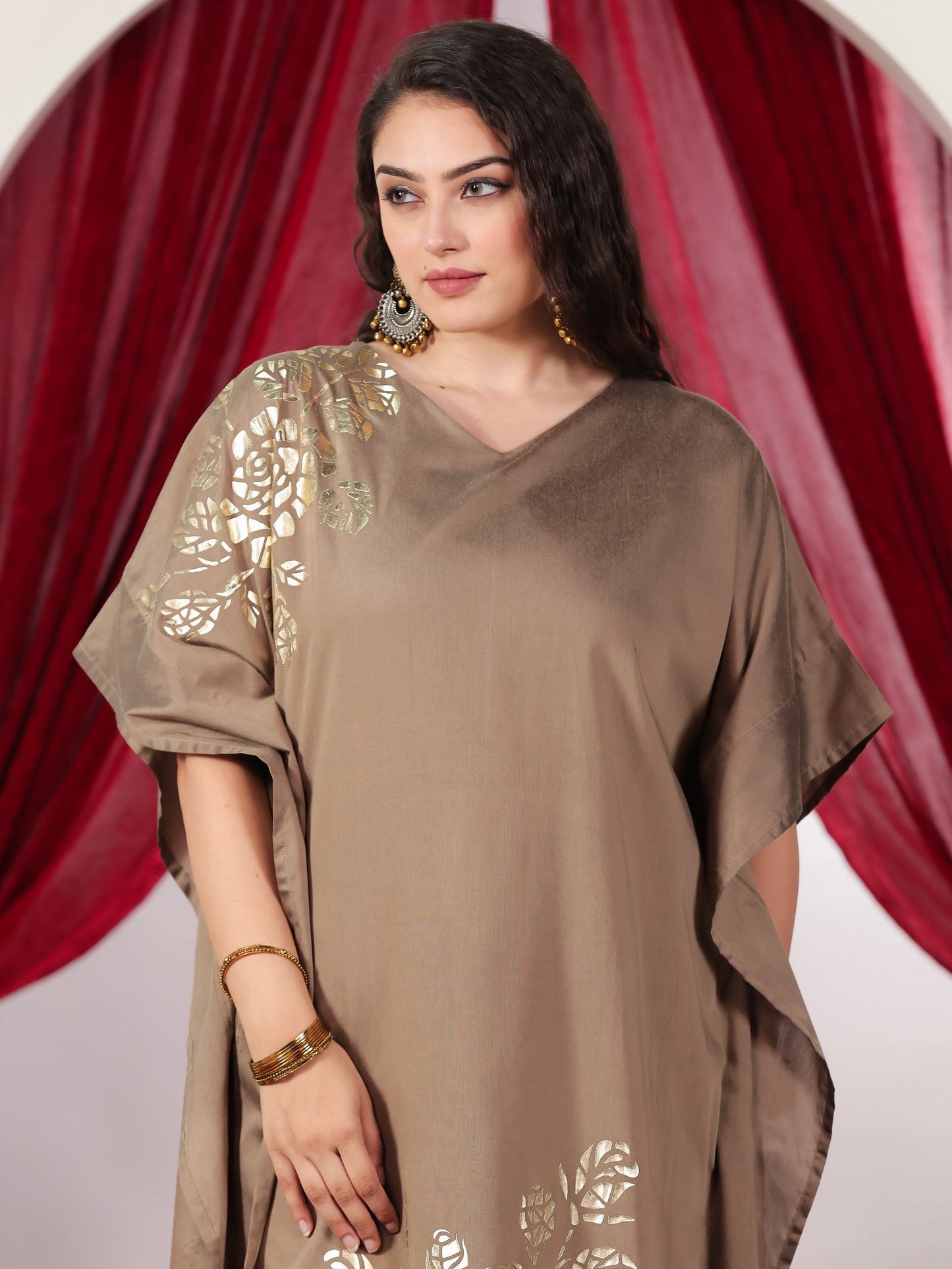Chanderi Gold Foil Print Kaftan Brown Kurta