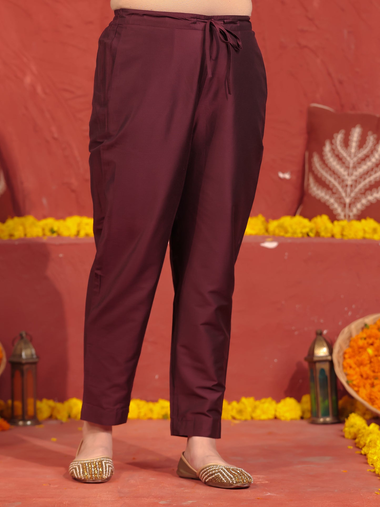 Chanderi Solid Wine Tapered Trousers
