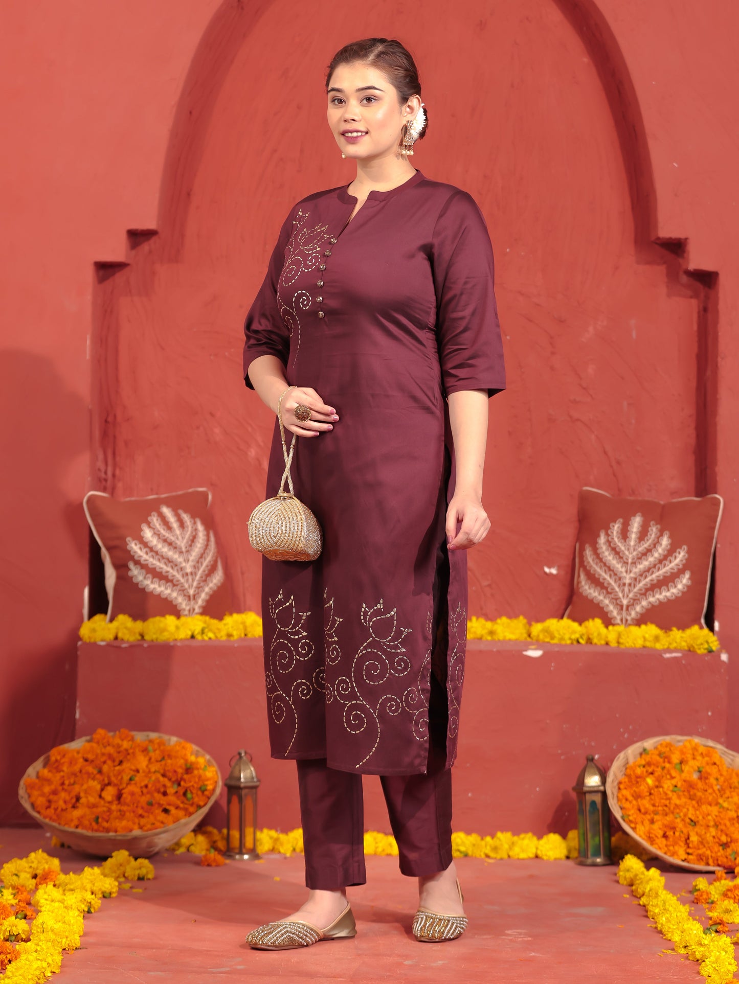 Chanderi Placement Print Straight Wine Kurta