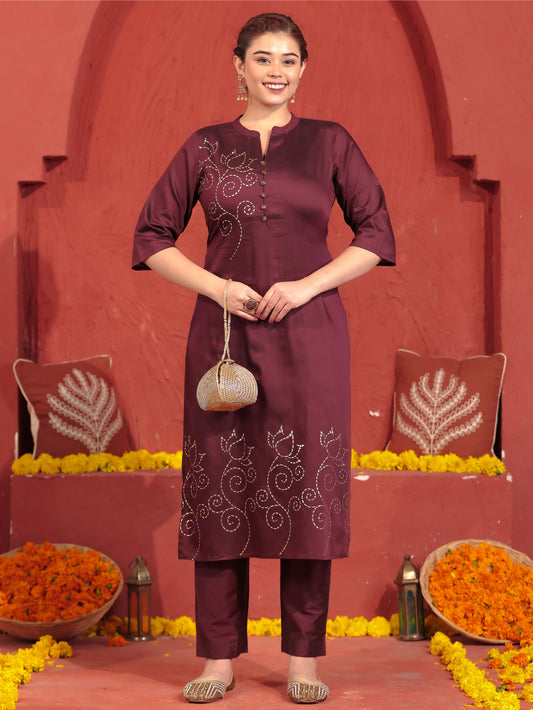 Chanderi Placement Print Straight Wine Kurta