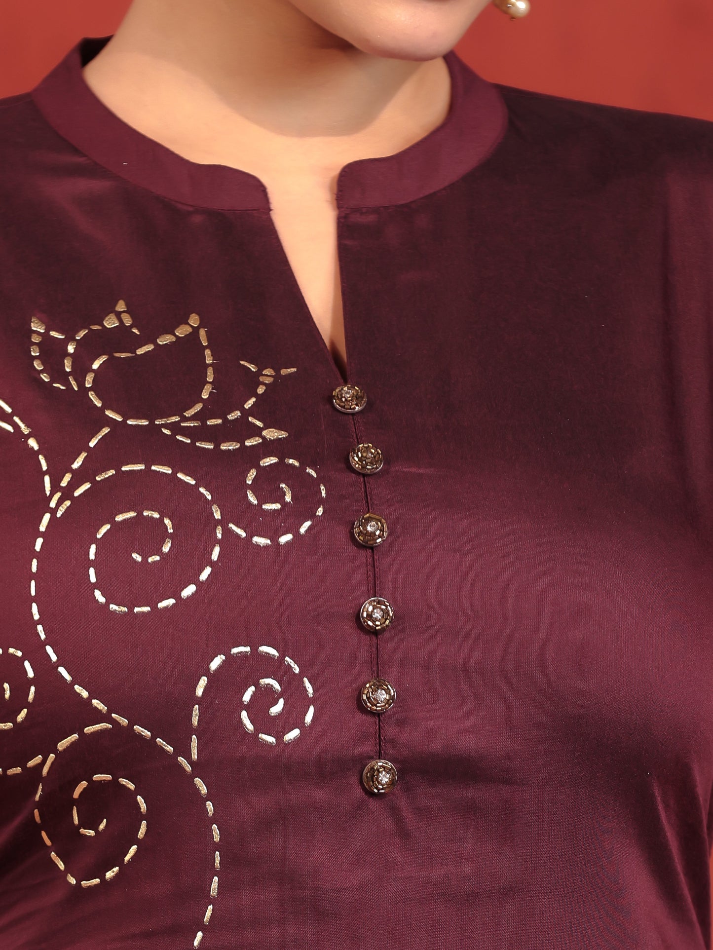 Chanderi Placement Print Straight Wine Kurta