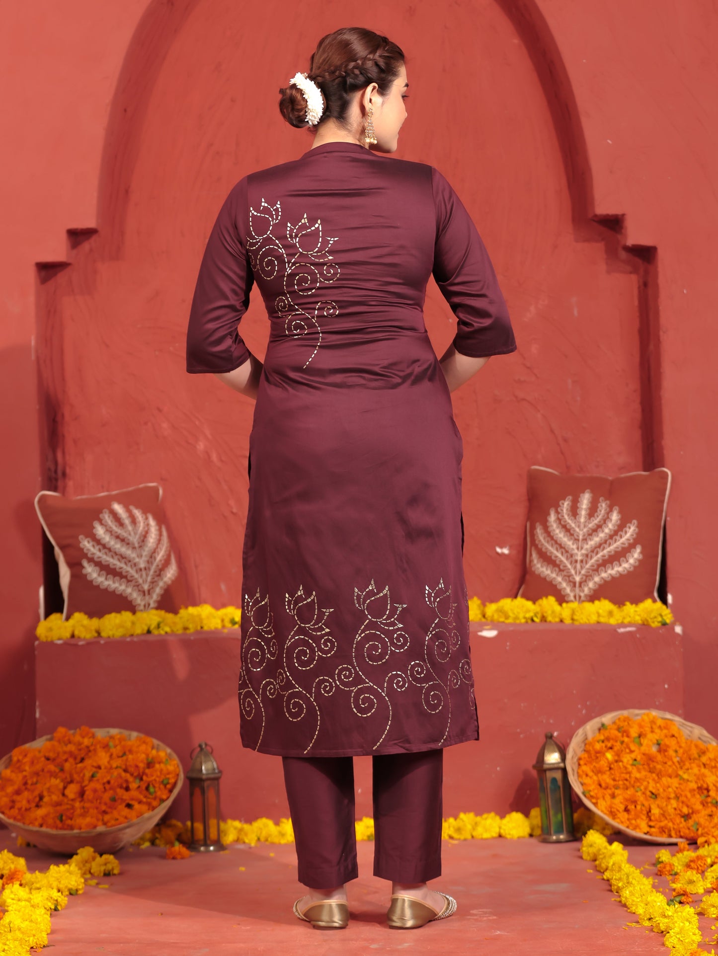Chanderi Placement Print Straight Wine Kurta