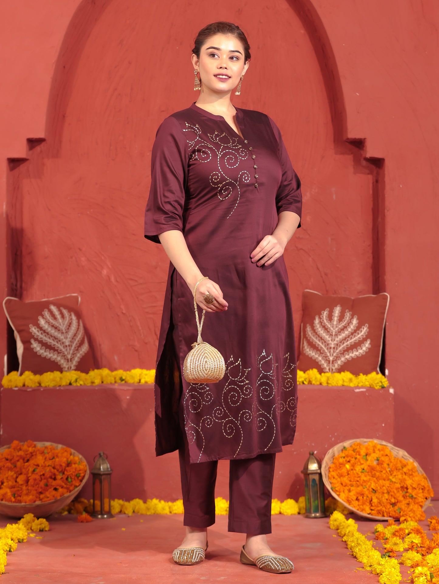 Chanderi Placement Print Straight Wine Kurta