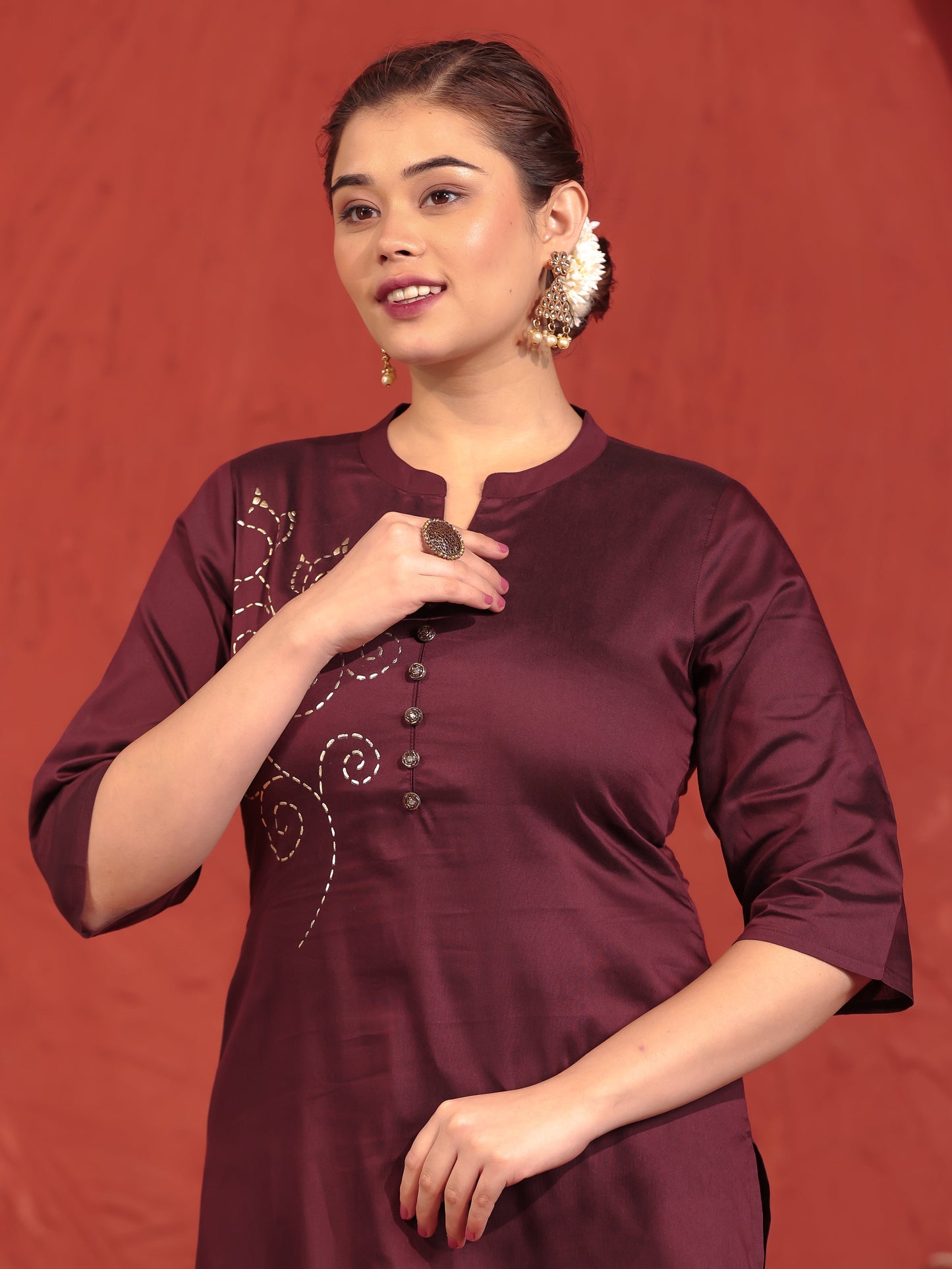 Chanderi Placement Print Straight Wine Kurta