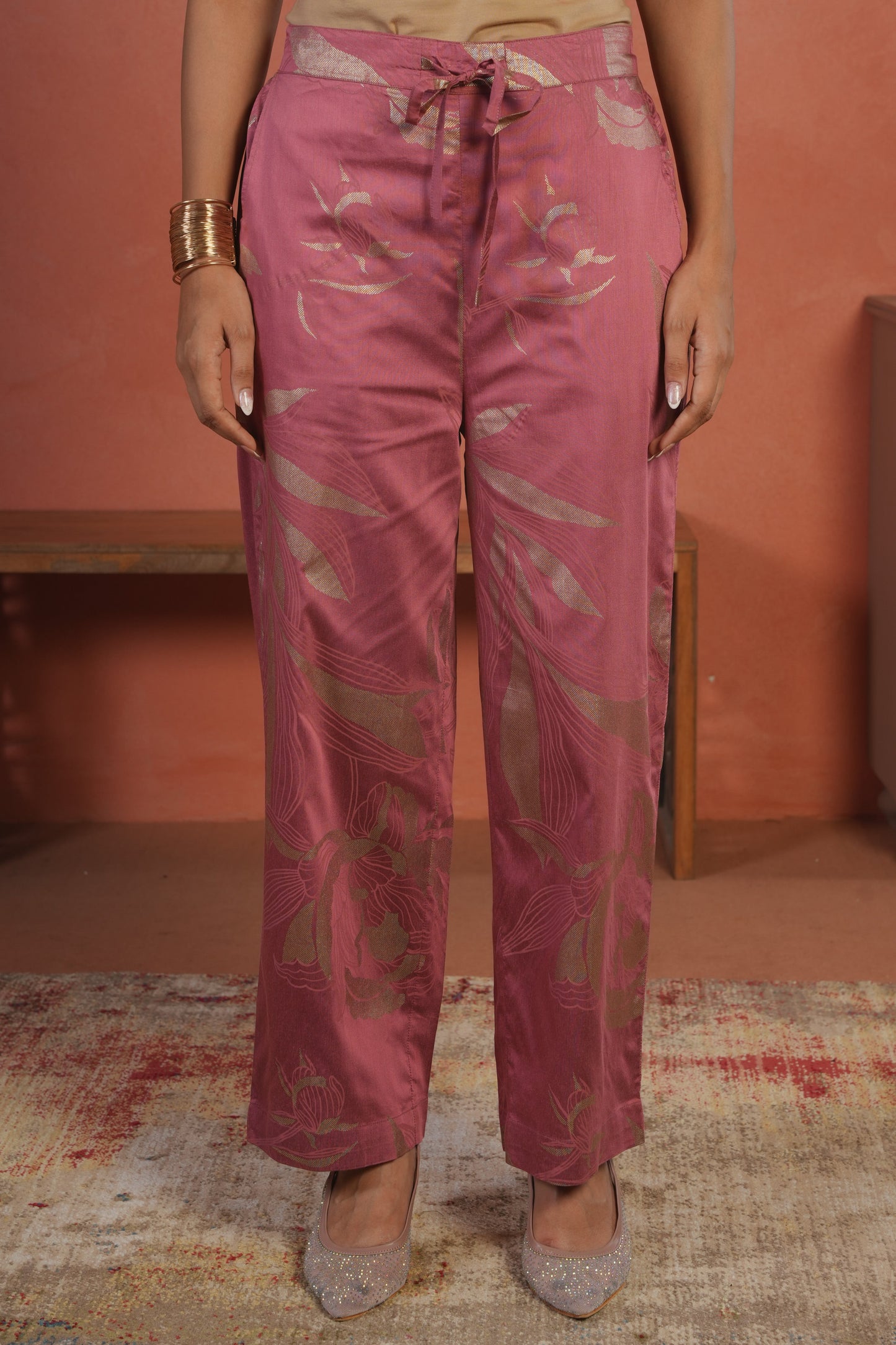 Chanderi Gold foil Pink Straight Trousers