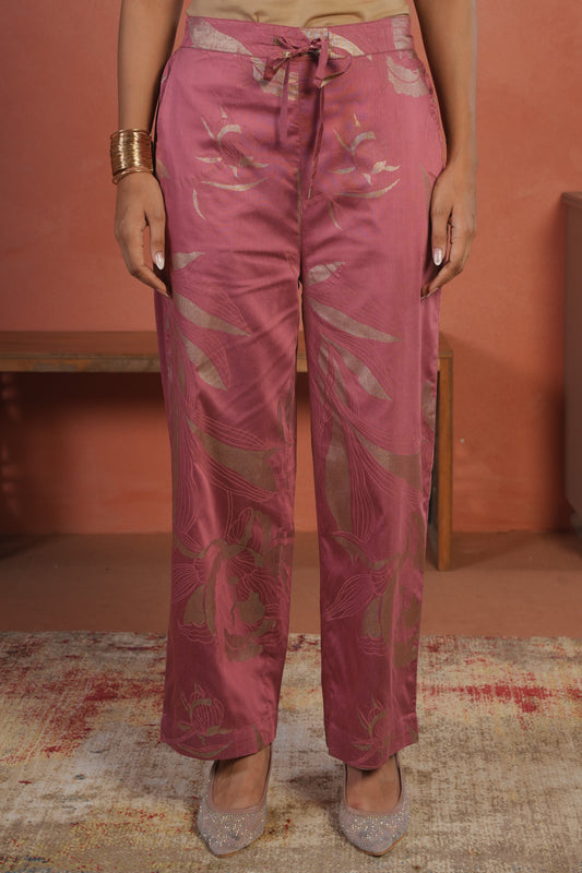 Chanderi Gold foil Pink Straight Trousers